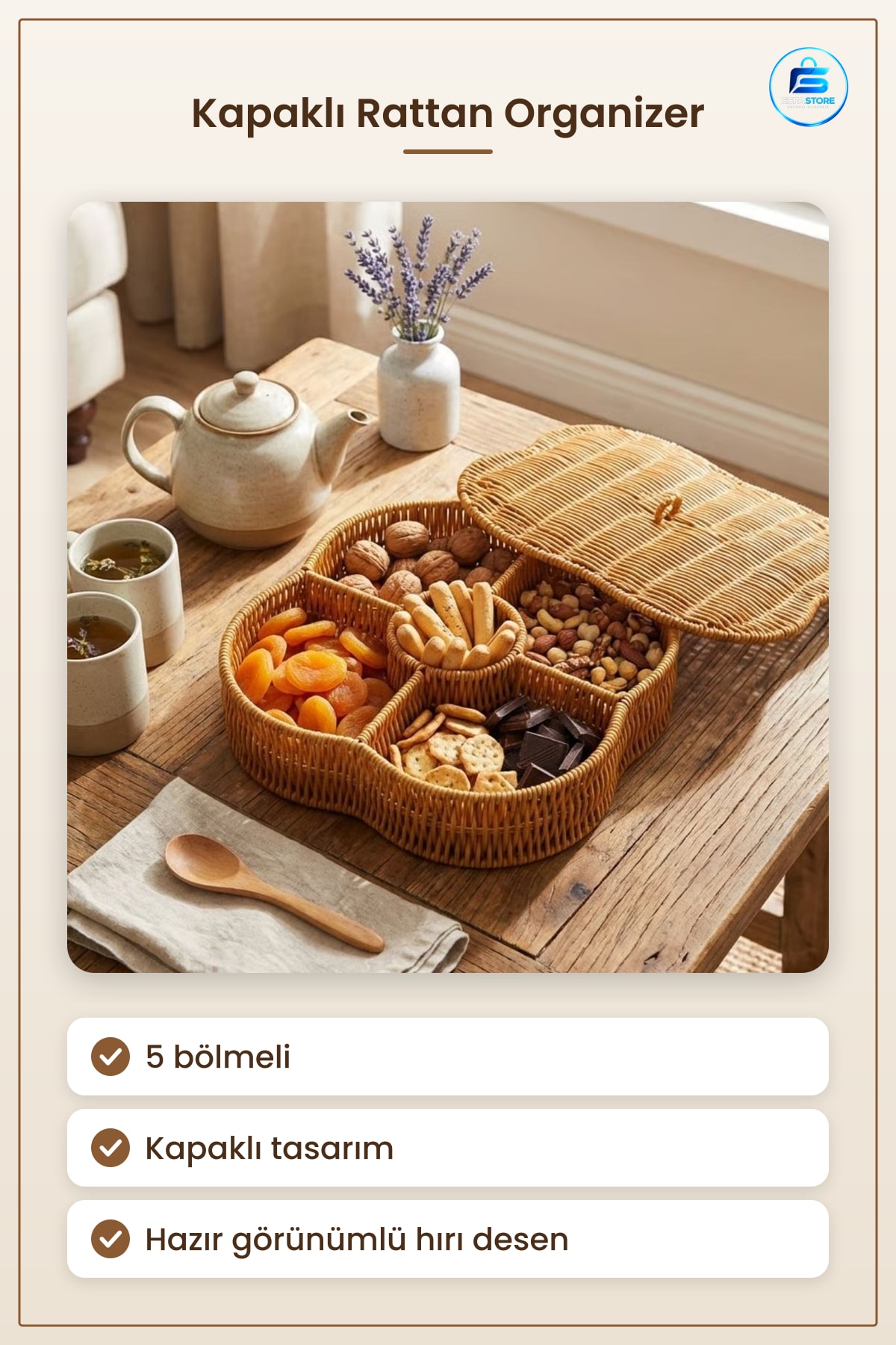 Kapaklı Bölmeli Plastik Rattan Organizer Kutu Hasır Desenli Çok Amaçlı Saklama ve Sunum Sepeti