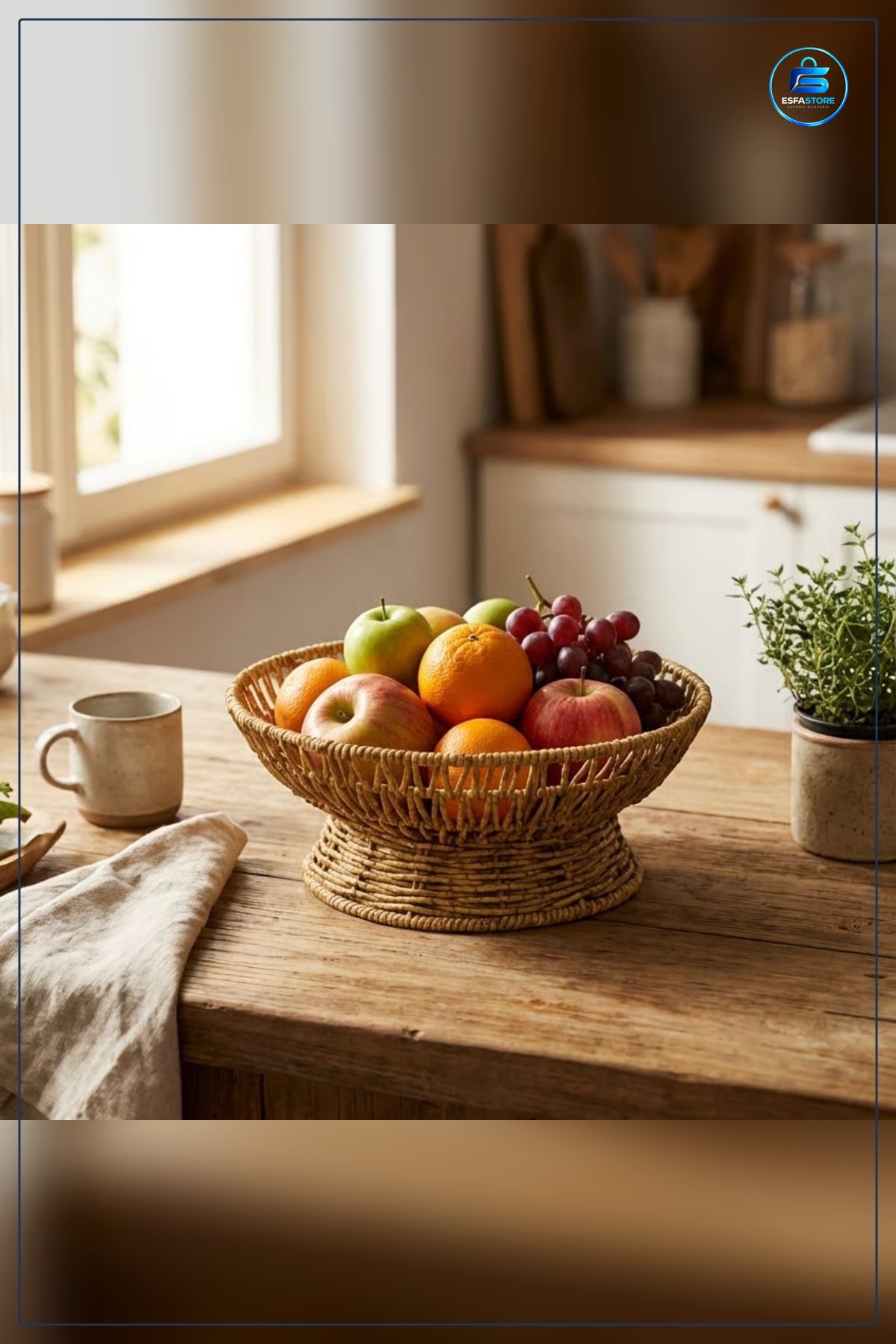 Plastik Rattan Servis Çanağı Doğal Hasır Görünümlü Dekoratif Meyve Ekmek ve Sunum Kasesi Pratik