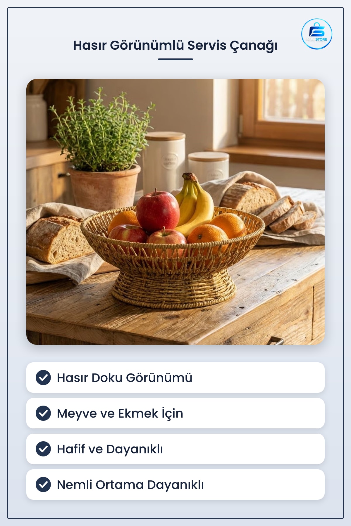 Plastik Rattan Servis Çanağı Doğal Hasır Görünümlü Dekoratif Meyve Ekmek ve Sunum Kasesi Pratik