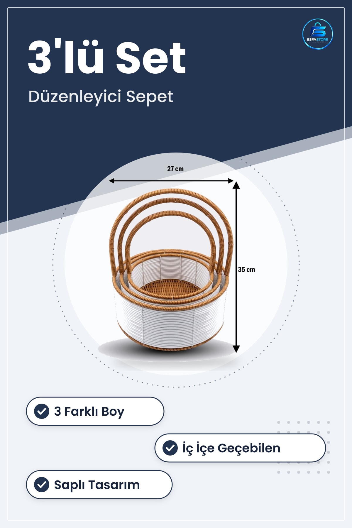 İç İçe Geçebilen Plastik Rattan Sepet Seti Saplı Çok Amaçlı Düzenleyici Mutfak Banyo Organizer