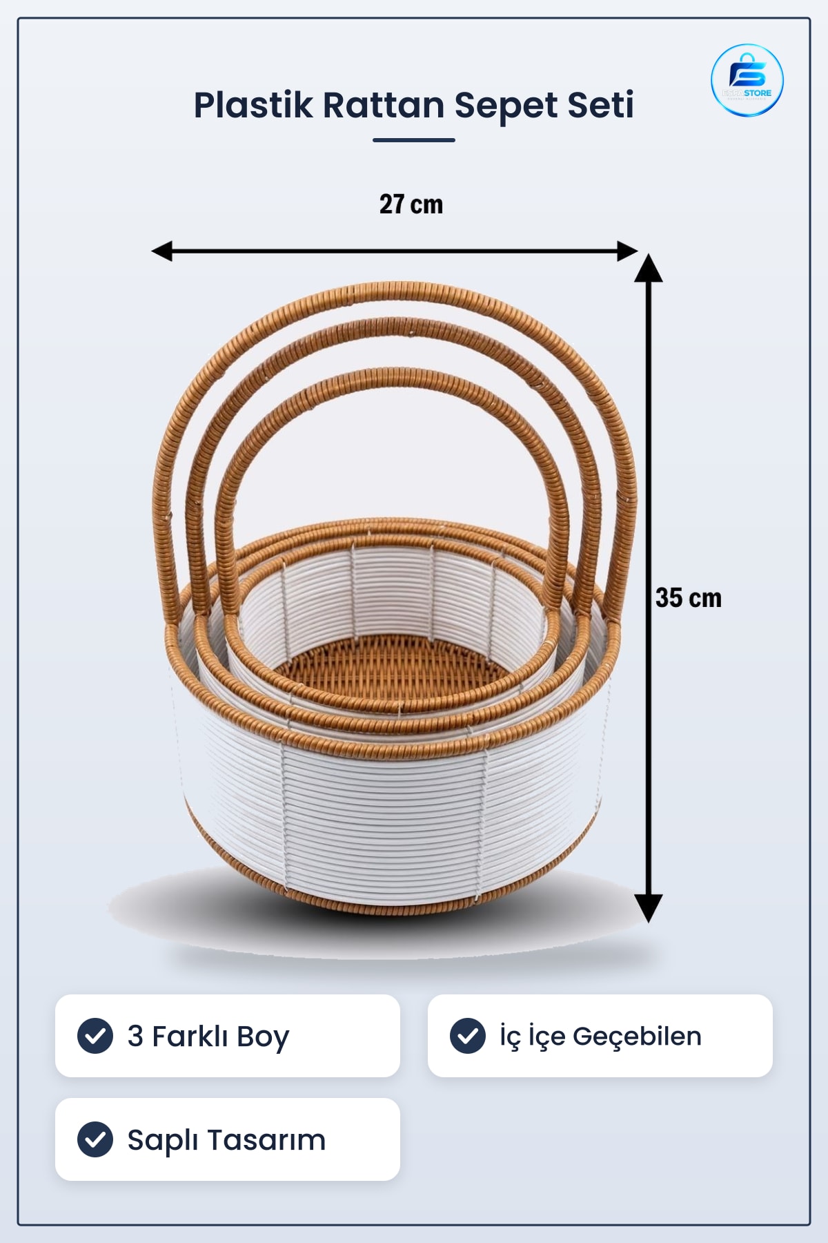 İç İçe Geçebilen Plastik Rattan Sepet Seti Saplı Çok Amaçlı Düzenleyici Mutfak Banyo Organizer