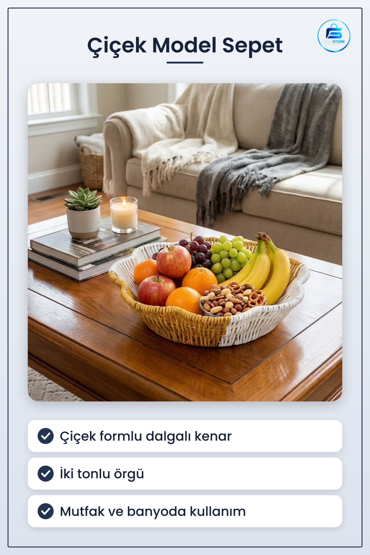 Çiçek Model Plastik Rattan Ekmek ve Meyve Sepeti Mutfak Banyo Düzenleyici Yıkanabilir Organizer