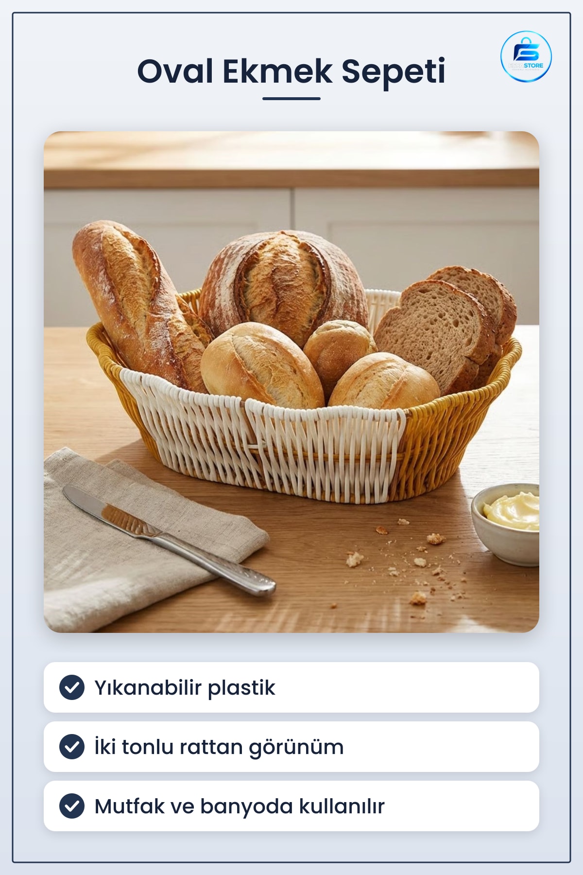 Oval Plastik Rattan Ekmek ve Meyve Sepeti Banyo Mutfak Düzenleyici Yıkanabilir Tezgâh Üstü Organizer