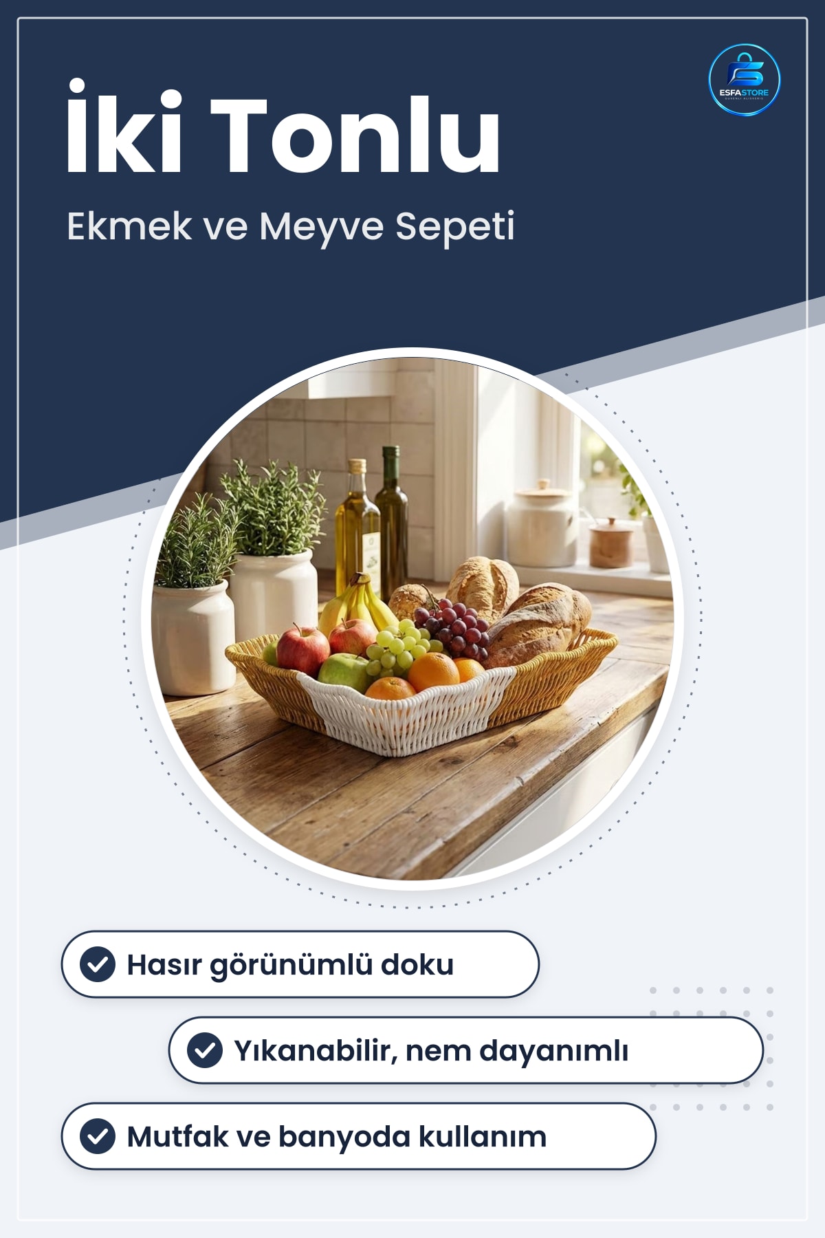 Plastik Rattan Ekmek ve Meyve Sepeti Dikdörtgen Hasır Görünümlü Pratik Mutfak Banyo Düzenleyici