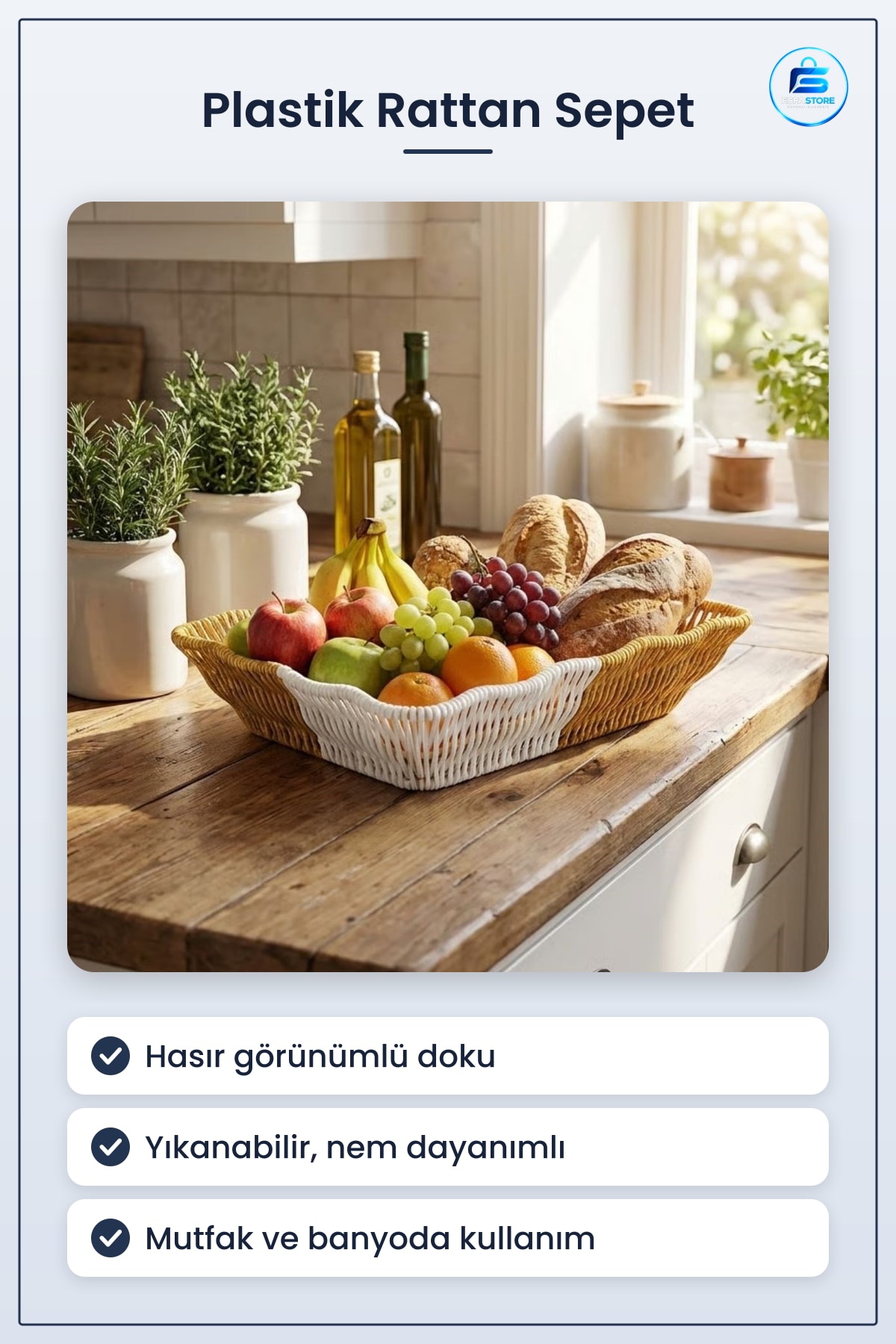 Plastik Rattan Ekmek ve Meyve Sepeti Dikdörtgen Hasır Görünümlü Pratik Mutfak Banyo Düzenleyici