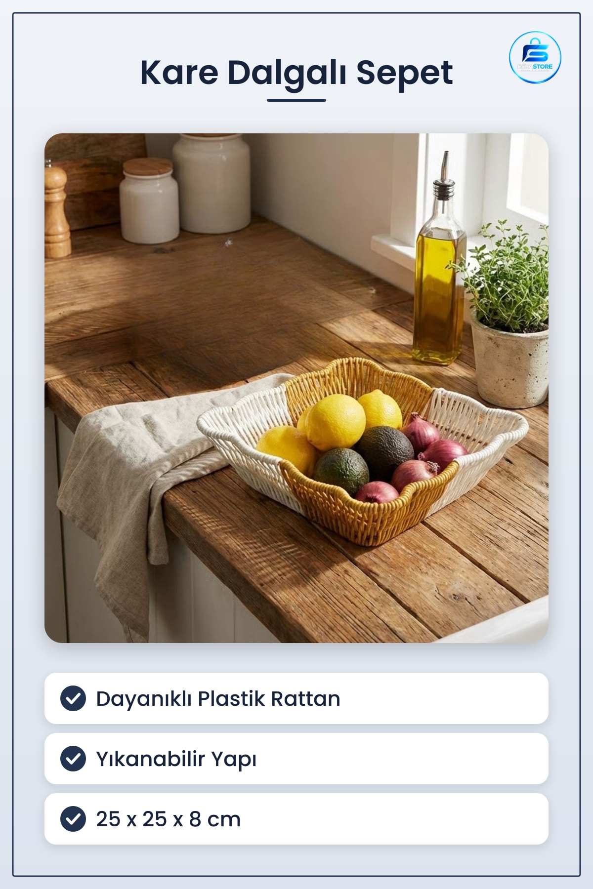 Kare Dalgalı Plastik Rattan Ekmek Meyve Sepeti Banyo Mutfak Düzenleyici Yıkanabilir Organizer