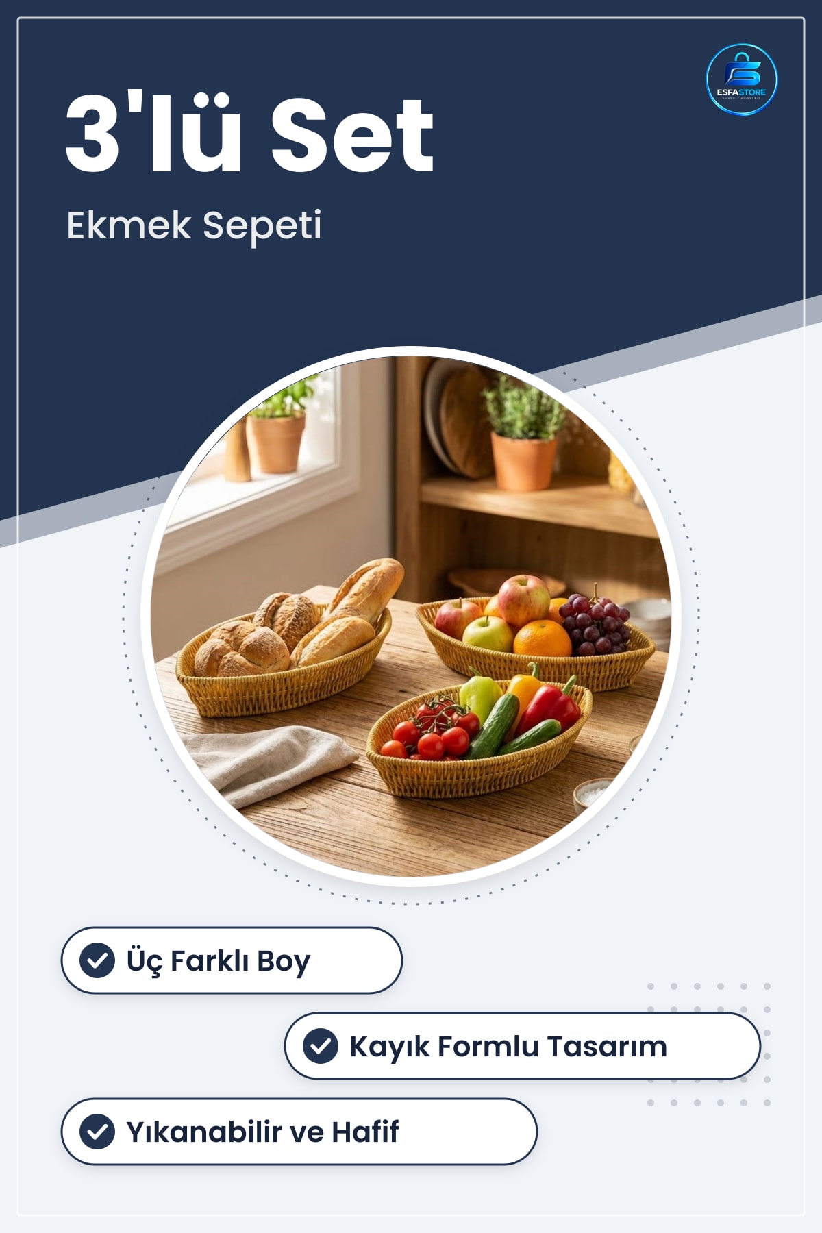 Kayık Formlu Plastik Rattan Sepet Seti Hasır Görünümlü Ekmek Meyve Sunum Organizer Dayanıklı