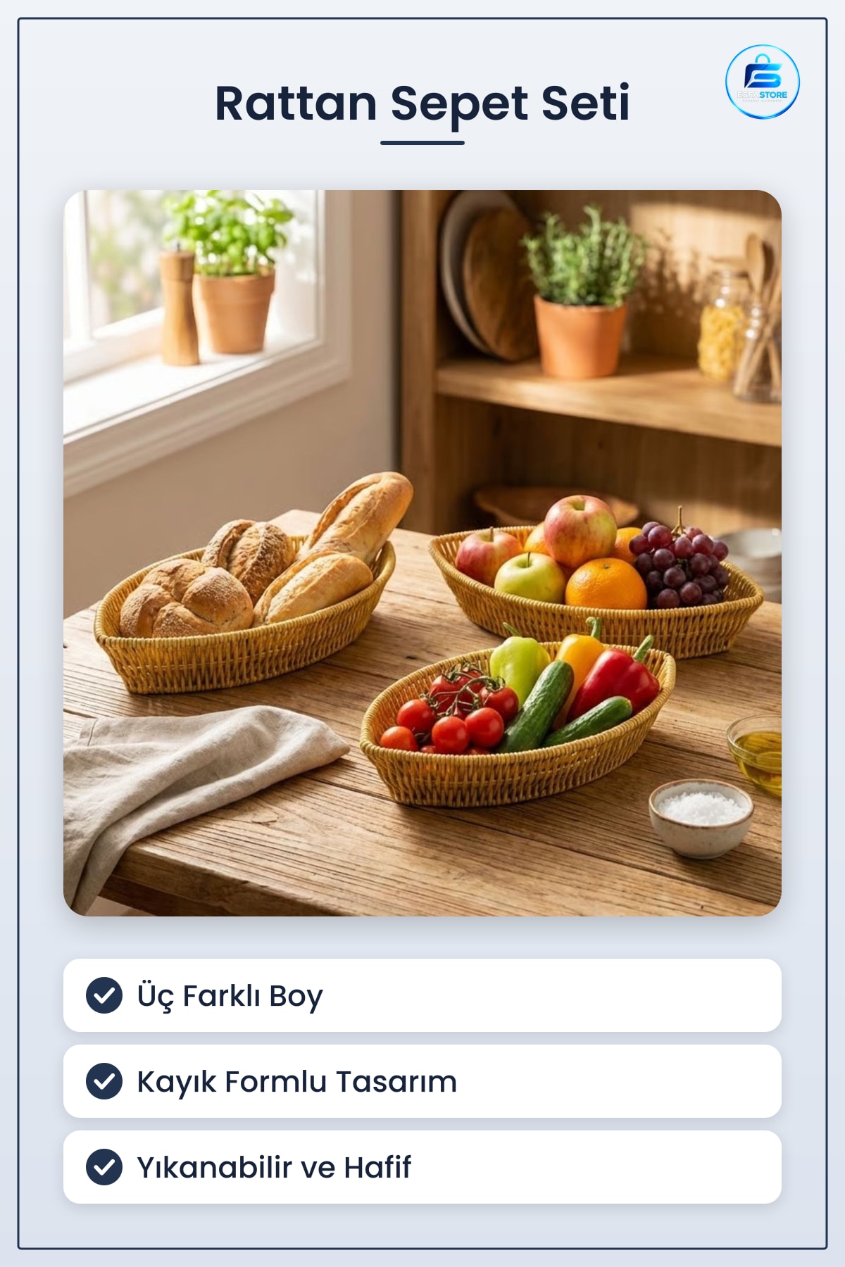Kayık Formlu Plastik Rattan Sepet Seti Hasır Görünümlü Ekmek Meyve Sunum Organizer Dayanıklı