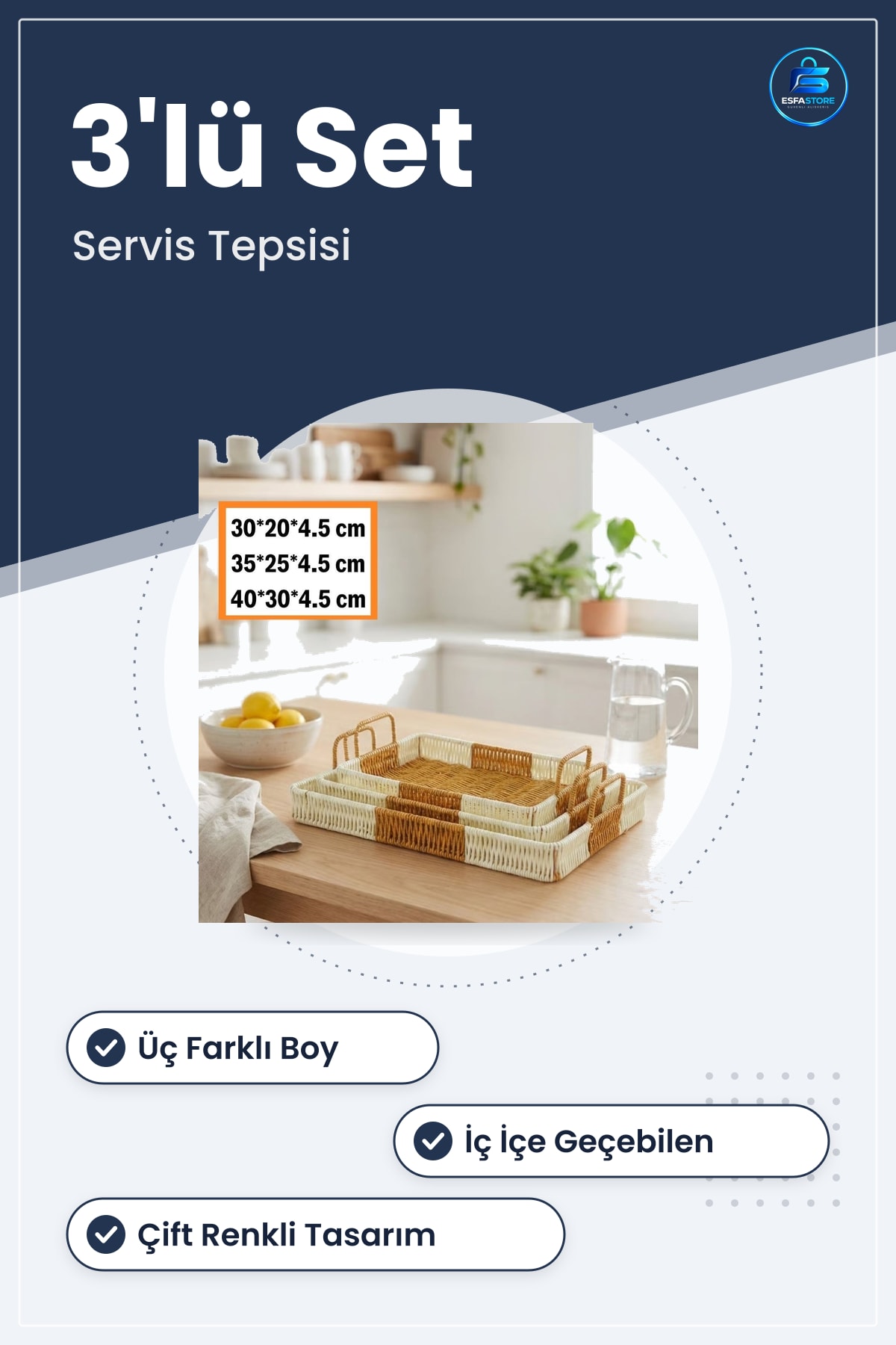 Plastik Rattan İç İçe Geçebilen Üçlü Dikdörtgen Tepsi Seti Çift Renkli Servis Sunum Dayanıklı