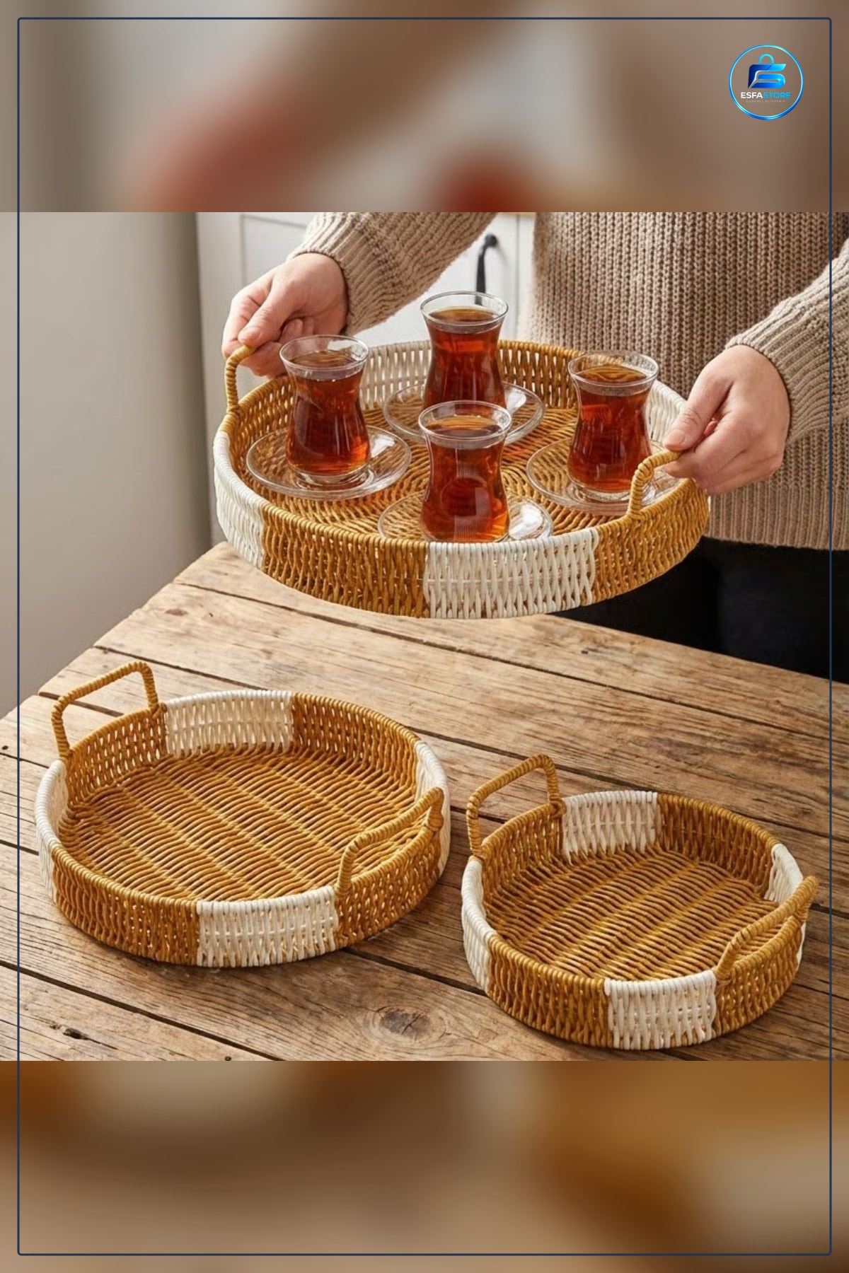 Yuvarlak Plastik Rattan Servis Tepsisi Seti İç İçe Geçebilen Hasır Görünümlü Sunum Tepsileri