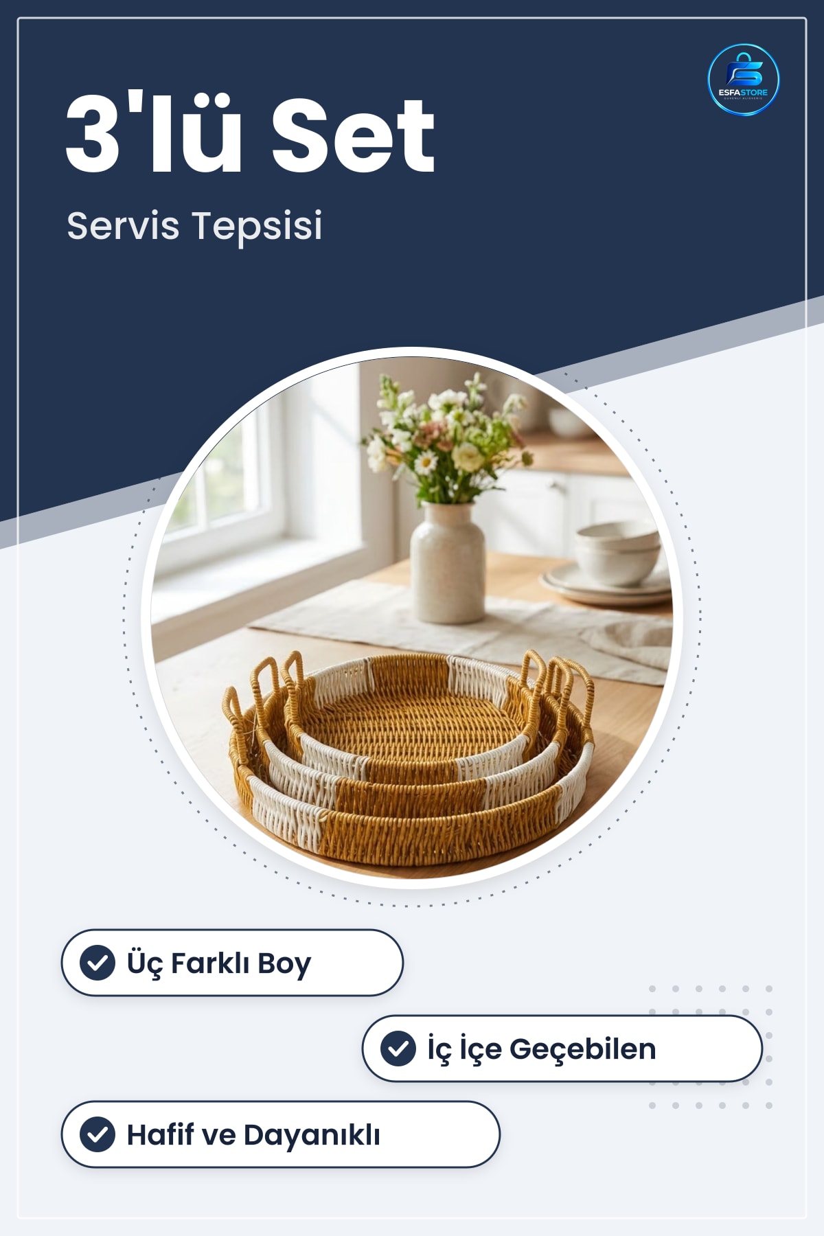 Yuvarlak Plastik Rattan Servis Tepsisi Seti İç İçe Geçebilen Hasır Görünümlü Sunum Tepsileri
