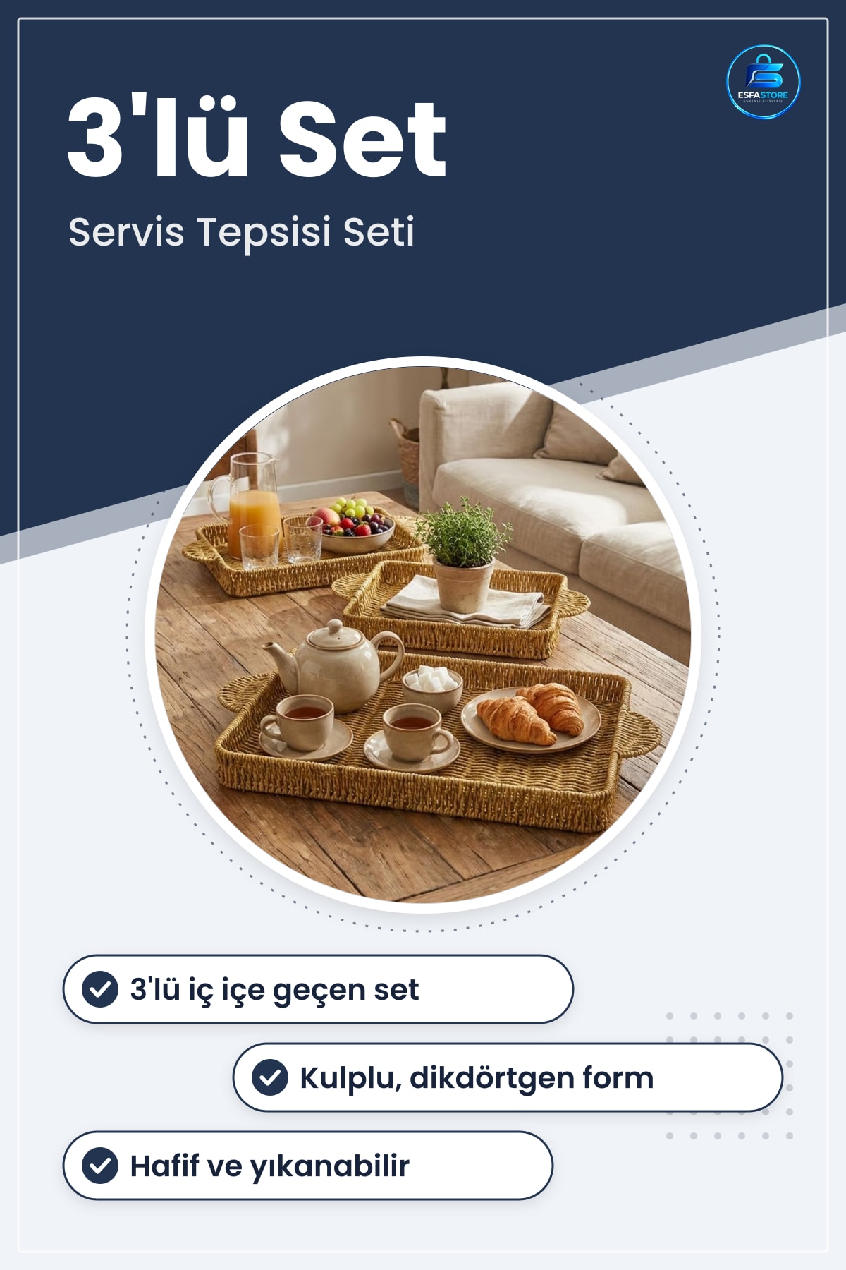 Plastik Rattan Kahvaltı Tepsisi Seti Dikdörtgen Kulplu Hasır Görünümlü Çok Amaçlı Servis Sunum