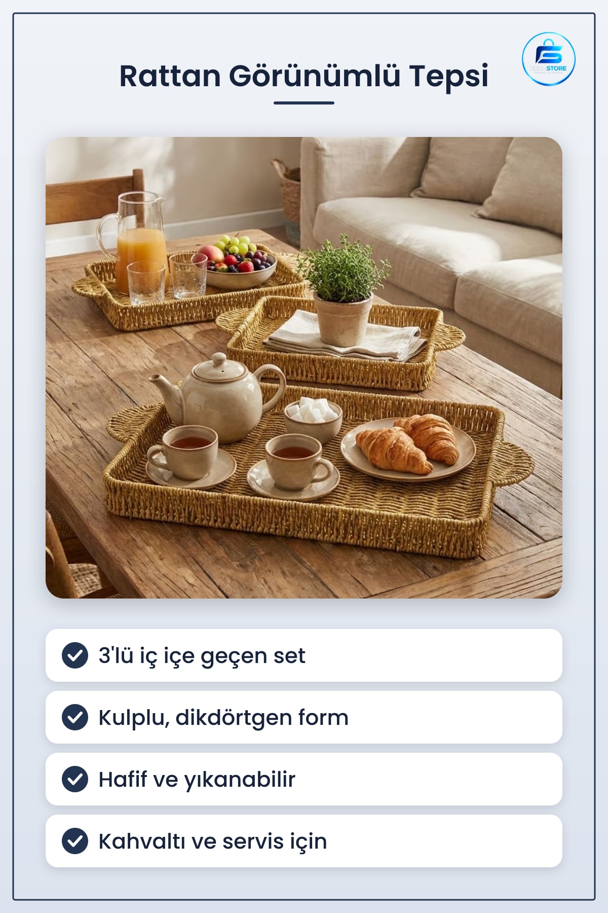 Plastik Rattan Kahvaltı Tepsisi Seti Dikdörtgen Kulplu Hasır Görünümlü Çok Amaçlı Servis Sunum