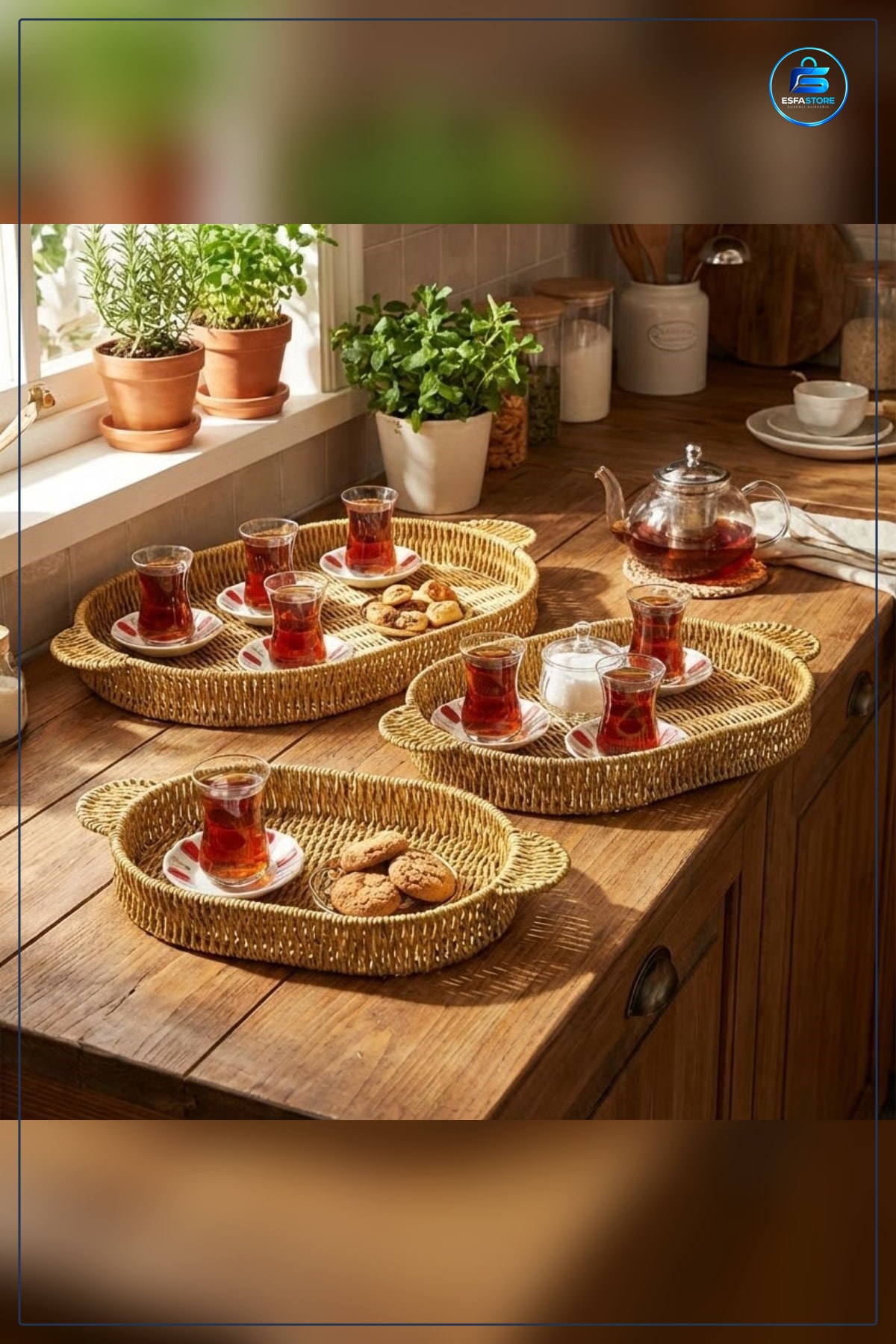 Oval Plastik Rattan Servis Tepsisi Seti İç İçe Geçebilen Hasır Görünümlü Sunum Tepsileri