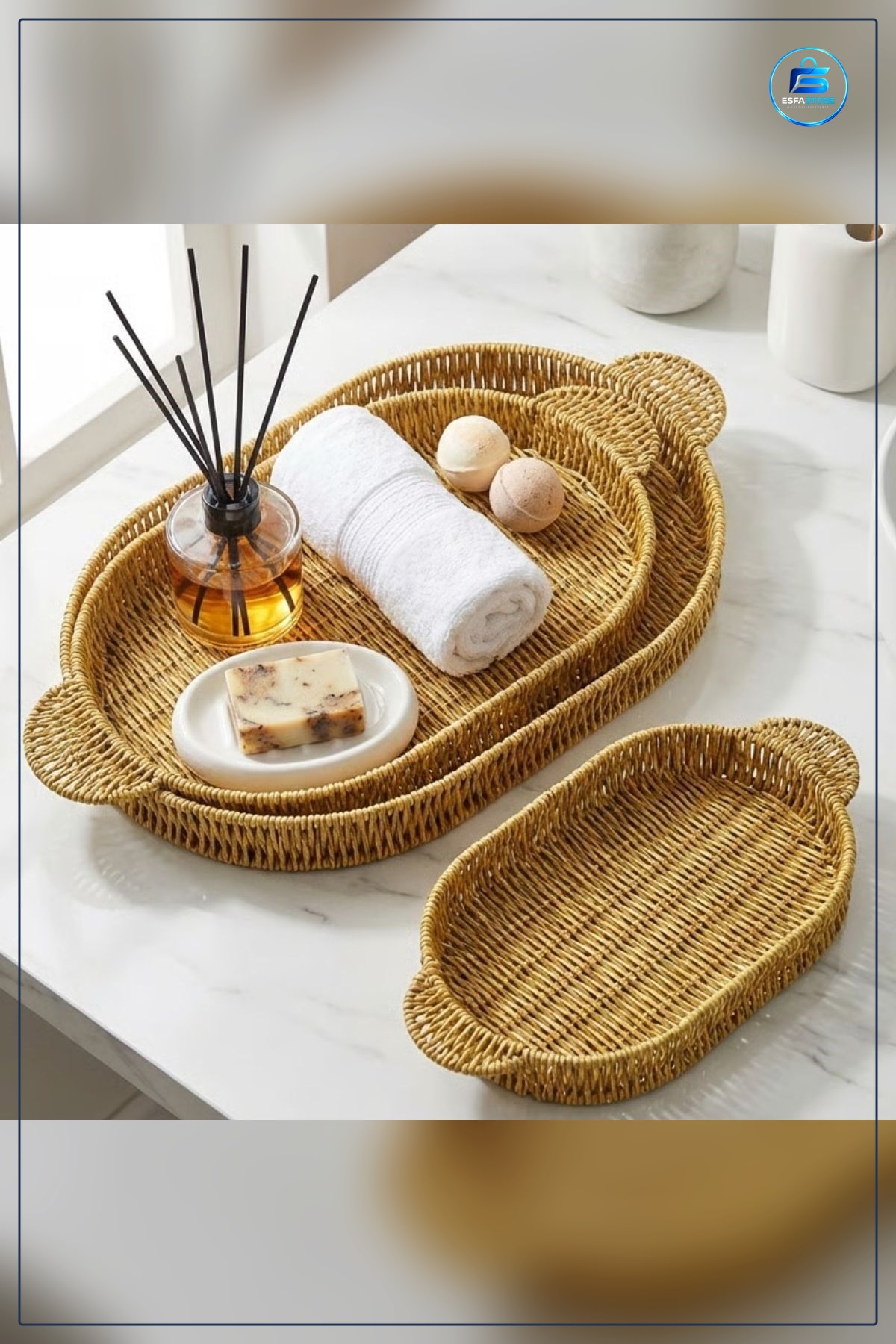 Oval Plastik Rattan Servis Tepsisi Seti İç İçe Geçebilen Hasır Görünümlü Sunum Tepsileri