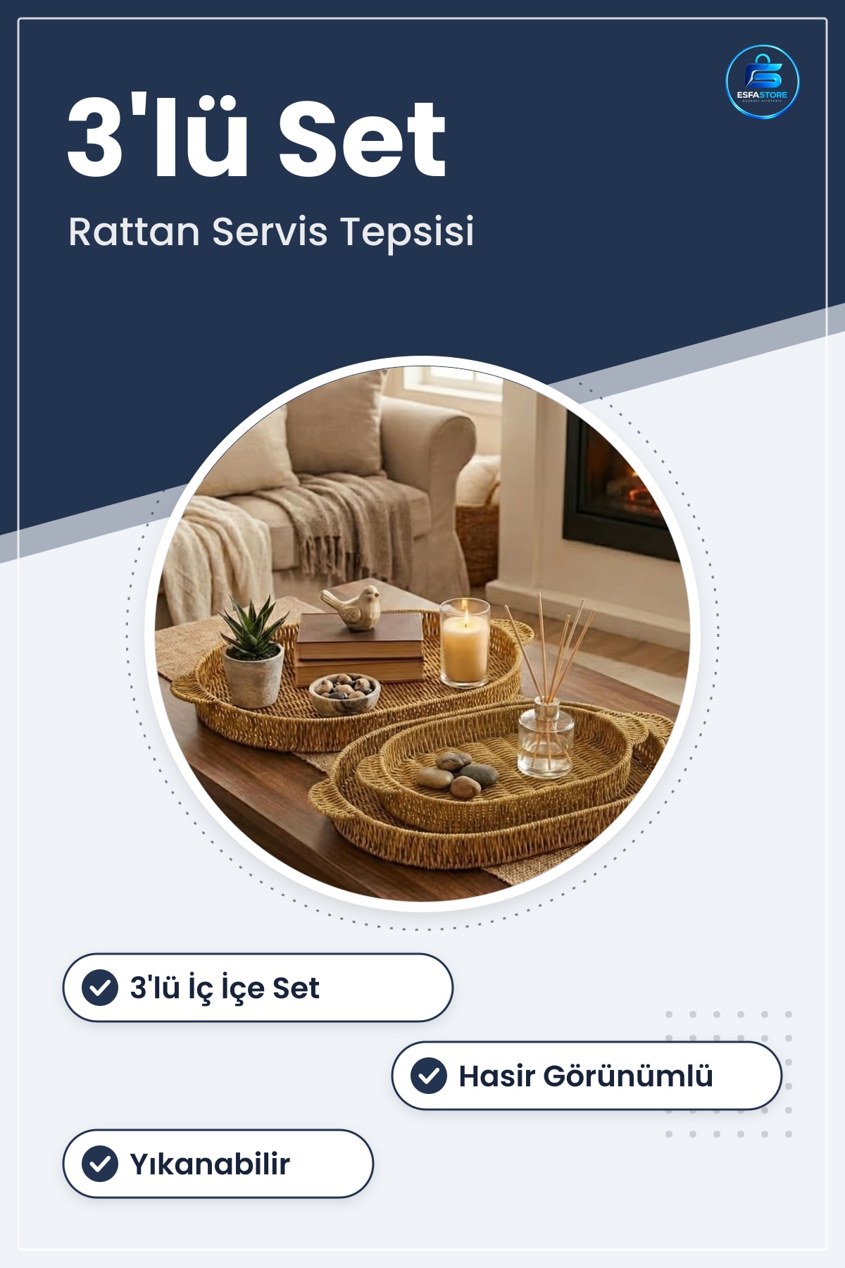 Oval Plastik Rattan Servis Tepsisi Seti İç İçe Geçebilen Hasır Görünümlü Sunum Tepsileri