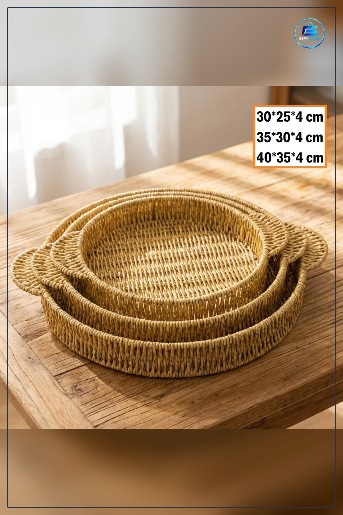 Plastik Rattan Servis Tepsisi Seti Yuvarlak Kulplu Hasır Görünümlü Çok Amaçlı Sunum Tepsileri