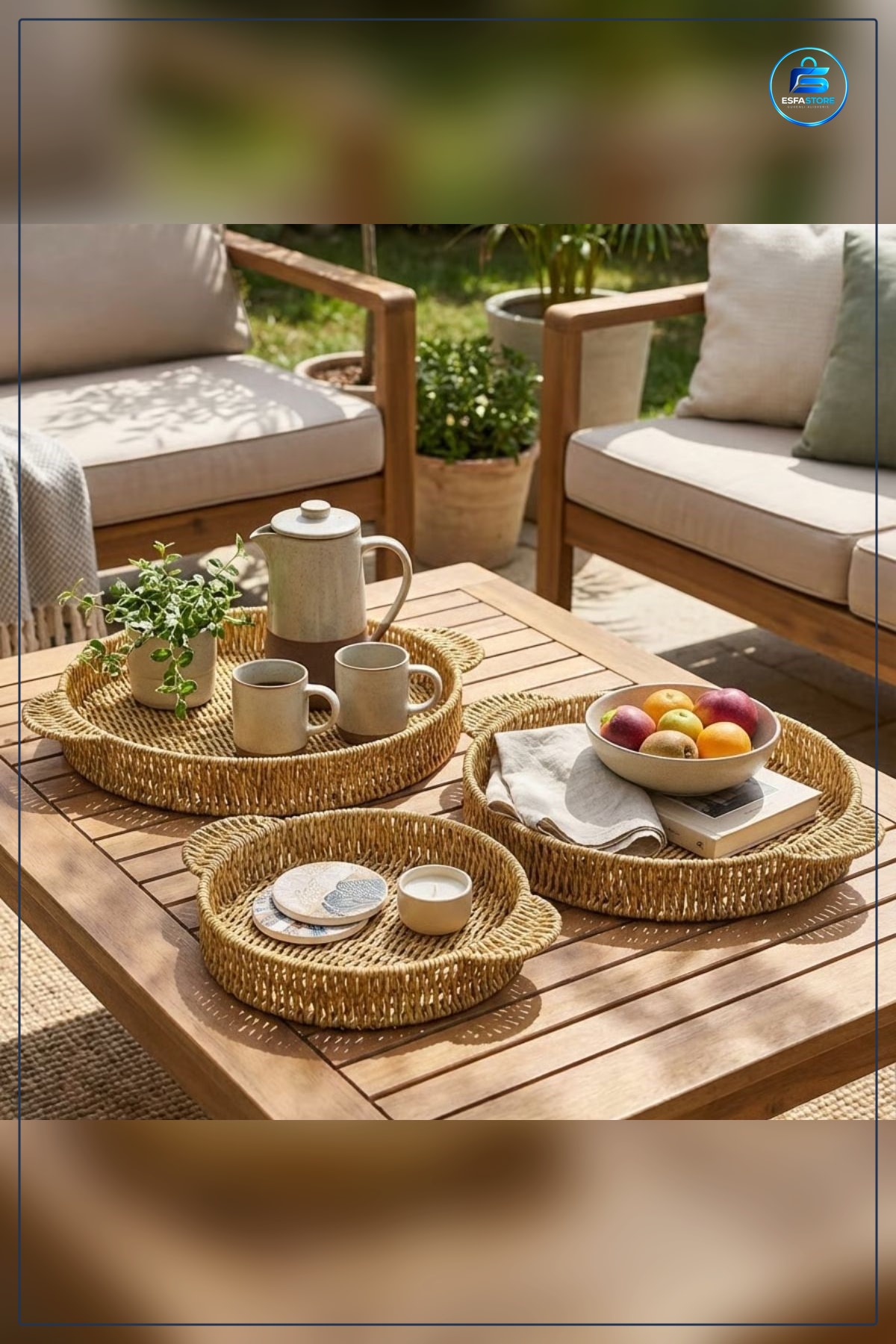 Plastik Rattan Servis Tepsisi Seti Yuvarlak Kulplu Hasır Görünümlü Çok Amaçlı Sunum Tepsileri