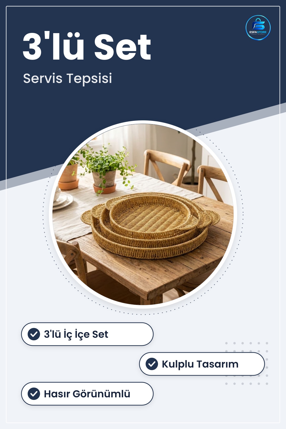 Plastik Rattan Servis Tepsisi Seti Yuvarlak Kulplu Hasır Görünümlü Çok Amaçlı Sunum Tepsileri