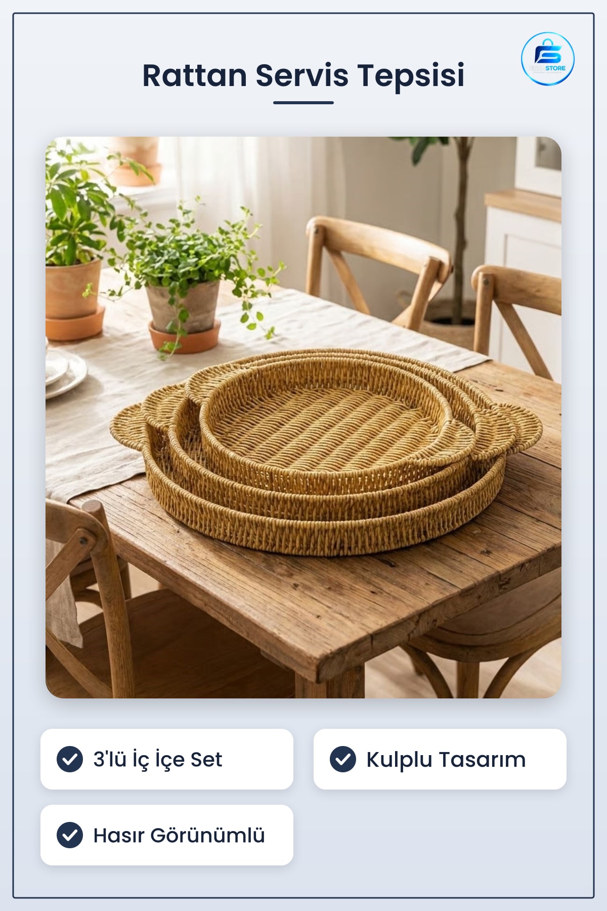 Plastik Rattan Servis Tepsisi Seti Yuvarlak Kulplu Hasır Görünümlü Çok Amaçlı Sunum Tepsileri