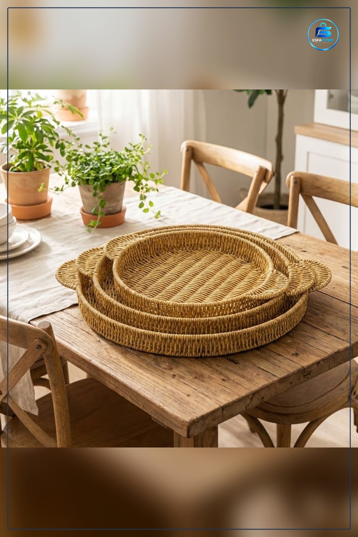 Plastik Rattan Servis Tepsisi Seti Yuvarlak Kulplu Hasır Görünümlü Çok Amaçlı Sunum Tepsileri