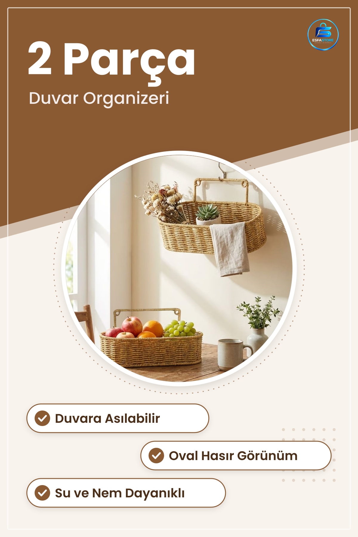 Duvar Askılı Plastik Rattan Organizer Oval Hasır Görünümlü Mutfak Banyo Raf Sepeti Düzenleme