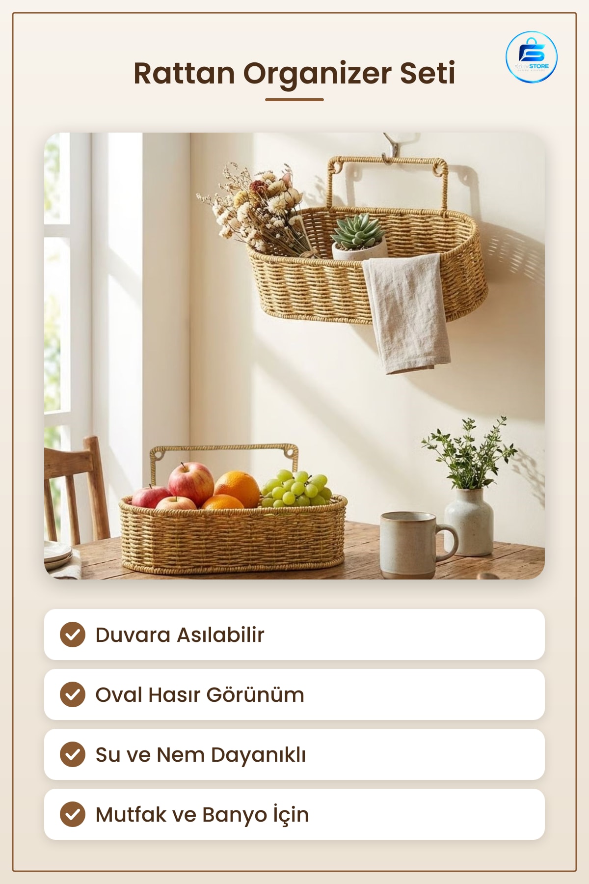 Duvar Askılı Plastik Rattan Organizer Oval Hasır Görünümlü Mutfak Banyo Raf Sepeti Düzenleme
