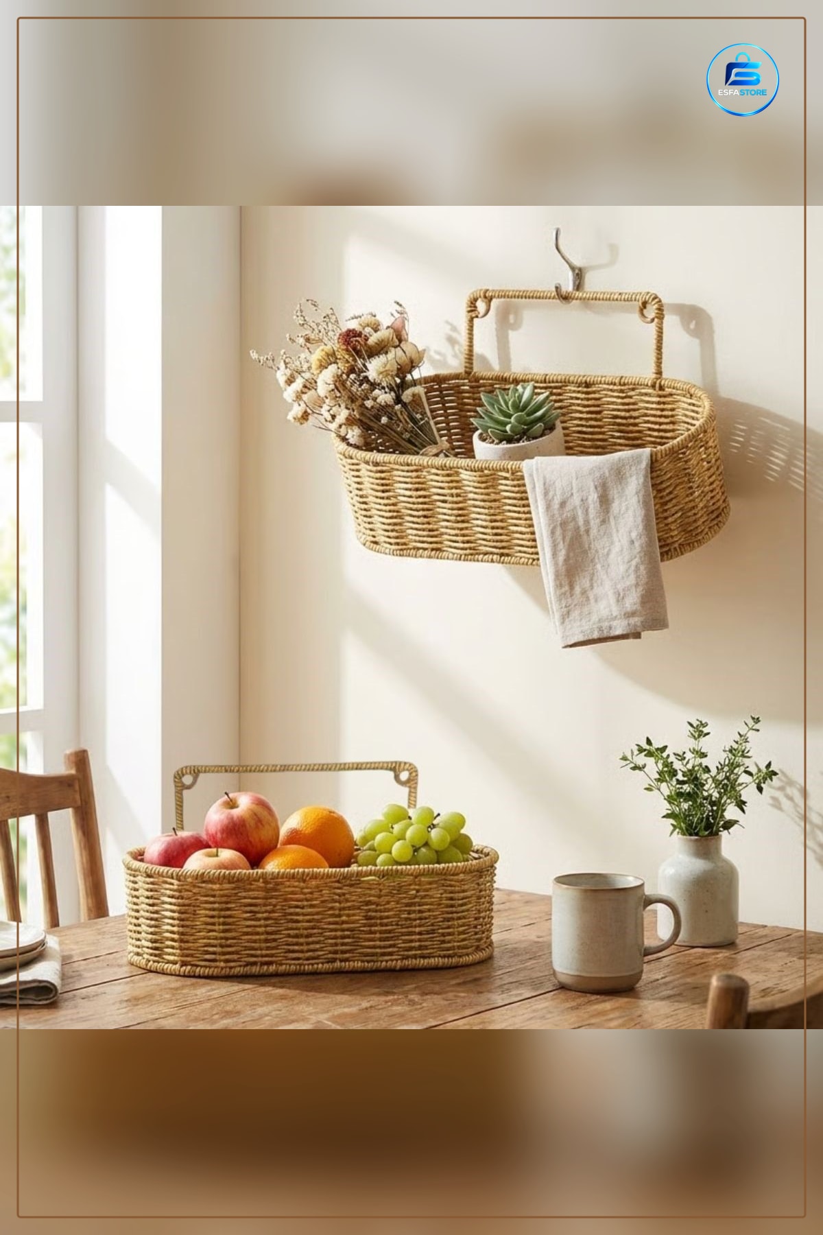 Duvar Askılı Plastik Rattan Organizer Oval Hasır Görünümlü Mutfak Banyo Raf Sepeti Düzenleme