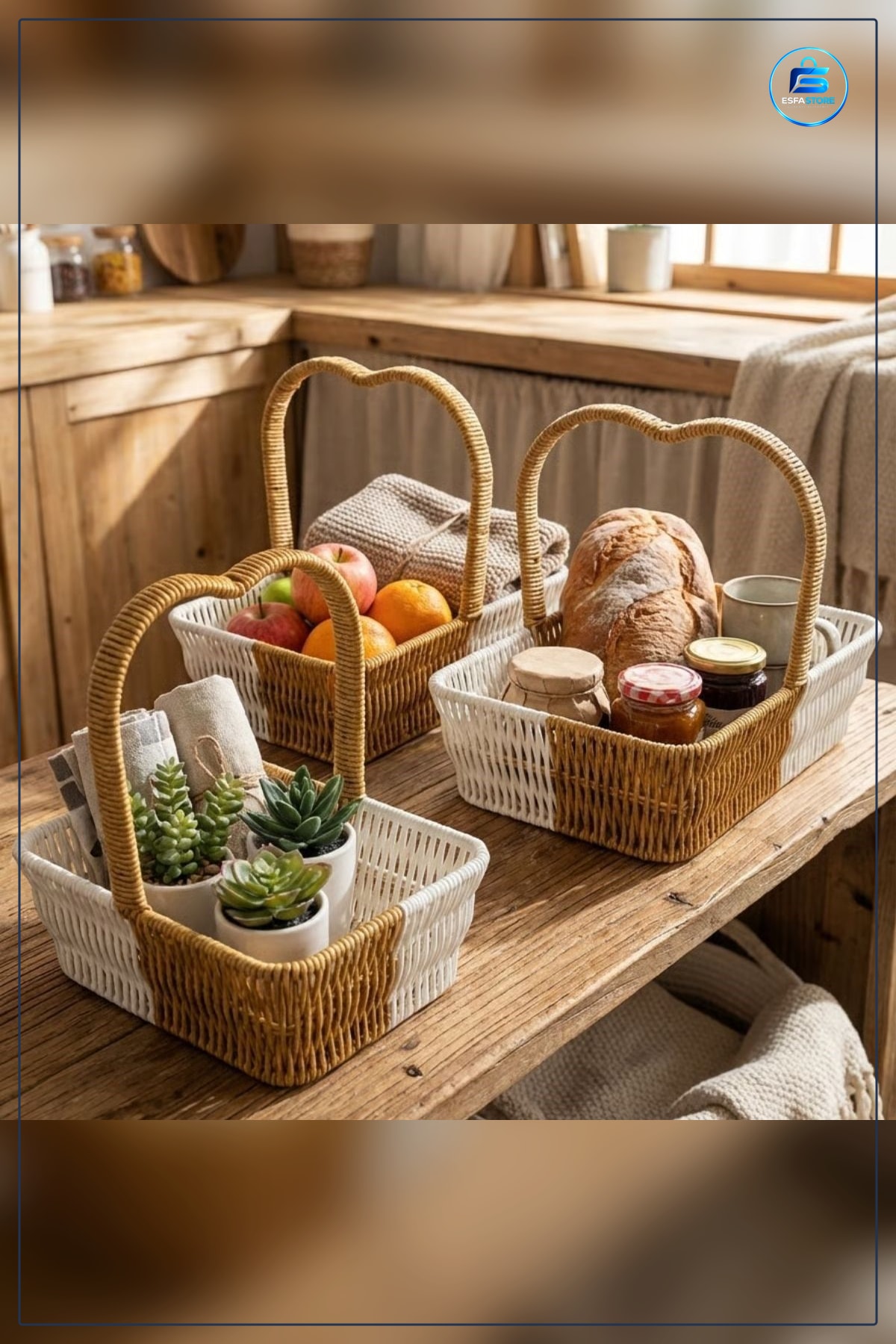 Plastik Rattan Sepet Seti Kalp Saplı İç İçe Geçebilen Dikdörtgen Formlu Organizer Dayanıklı