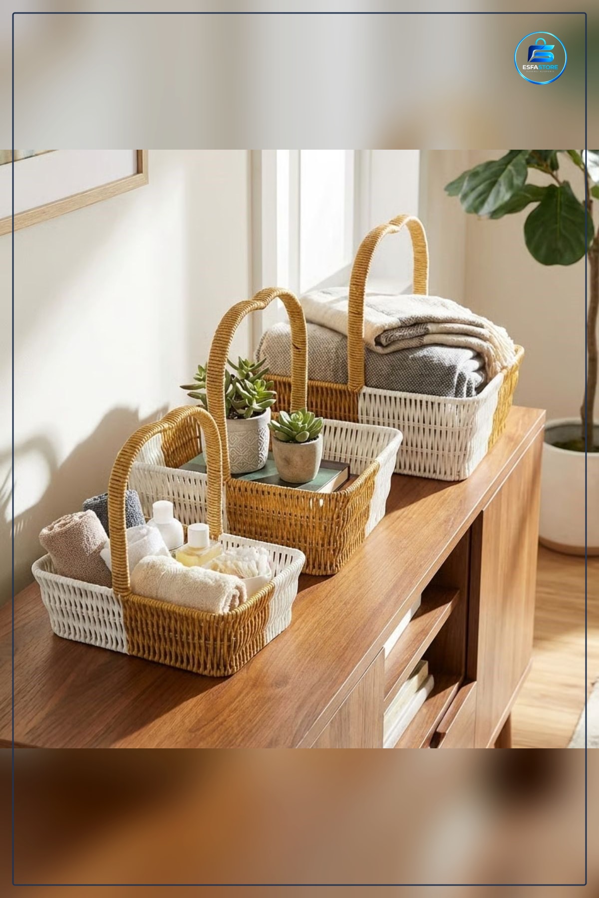 Plastik Rattan Sepet Seti Kalp Saplı İç İçe Geçebilen Dikdörtgen Formlu Organizer Dayanıklı