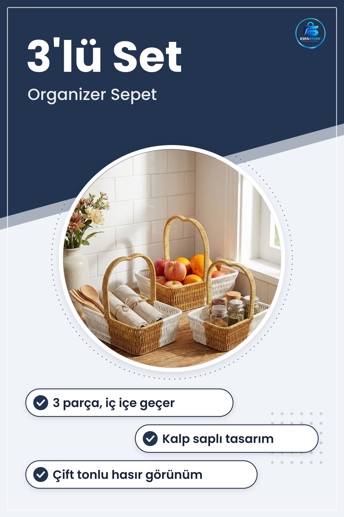 Plastik Rattan Sepet Seti Kalp Saplı İç İçe Geçebilen Dikdörtgen Formlu Organizer Dayanıklı