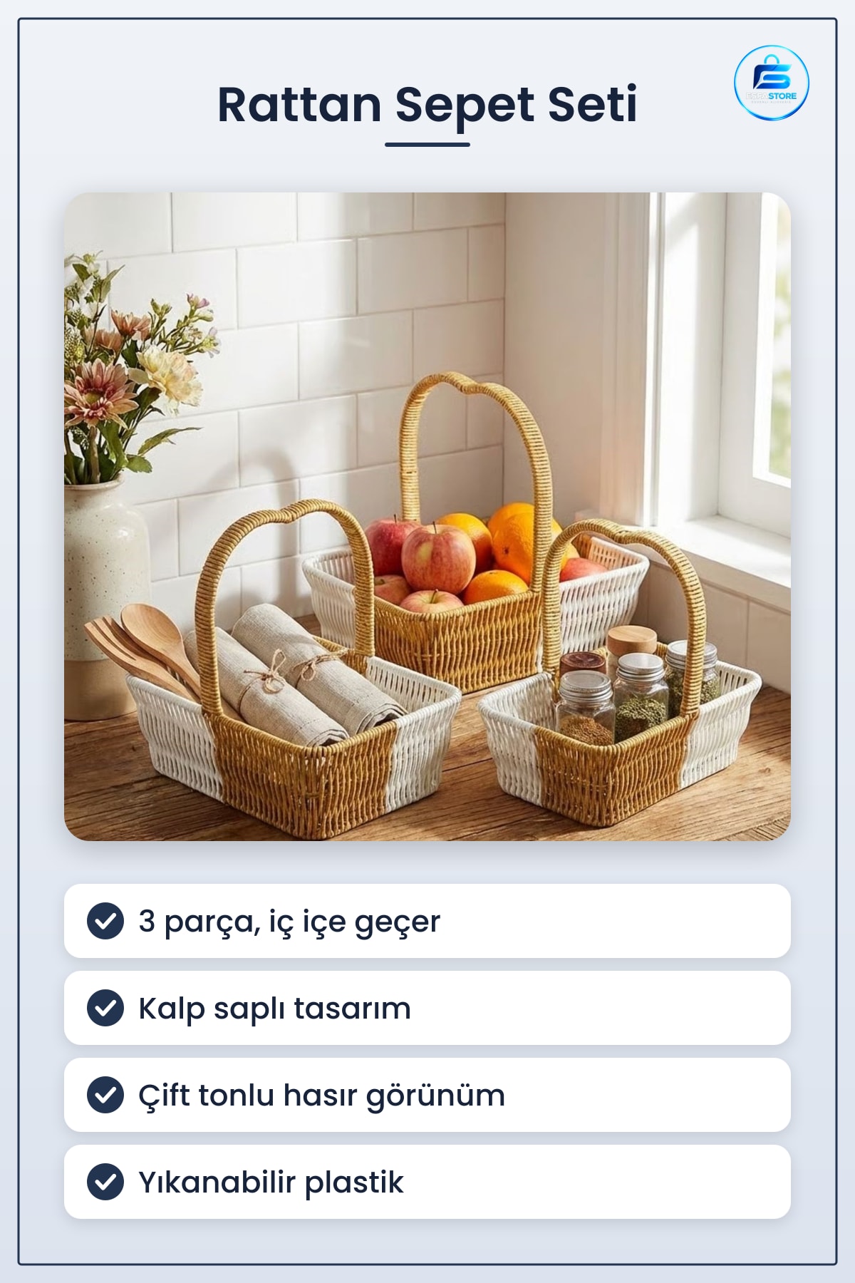 Plastik Rattan Sepet Seti Kalp Saplı İç İçe Geçebilen Dikdörtgen Formlu Organizer Dayanıklı