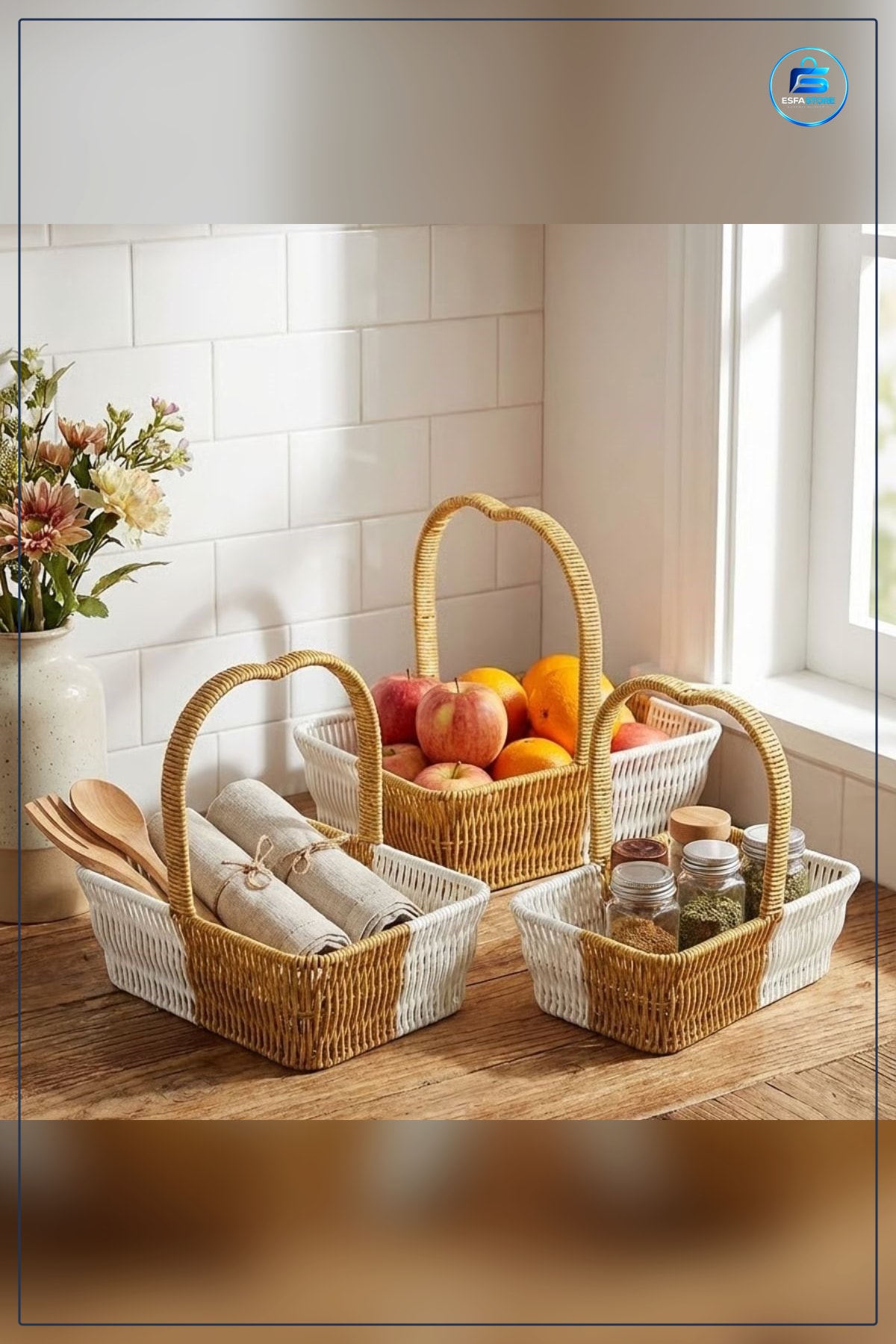 Plastik Rattan Sepet Seti Kalp Saplı İç İçe Geçebilen Dikdörtgen Formlu Organizer Dayanıklı
