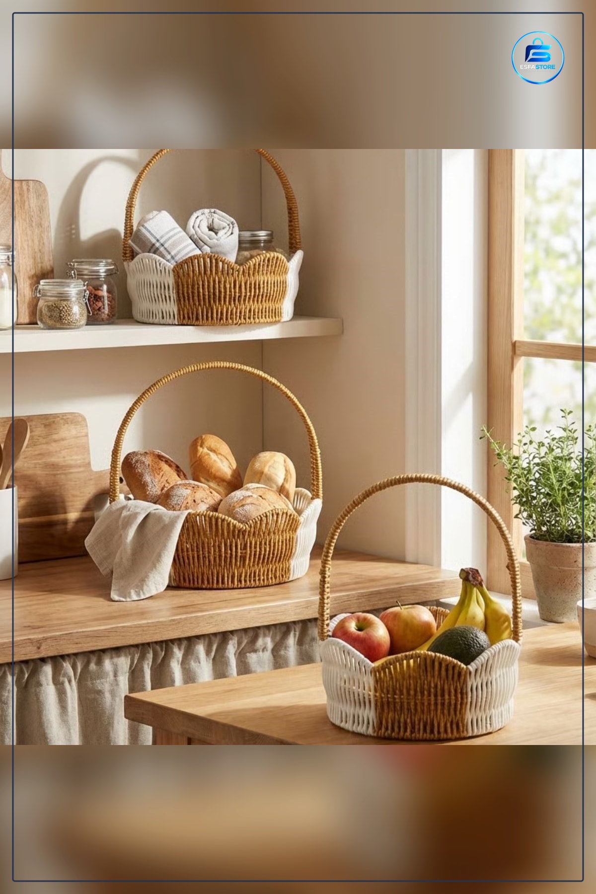 Plastik Rattan Sepet Seti Kullanışlı Saplı Hasır Görünümlü Çok Amaçlı Organizer Dalgalı Kenarlı