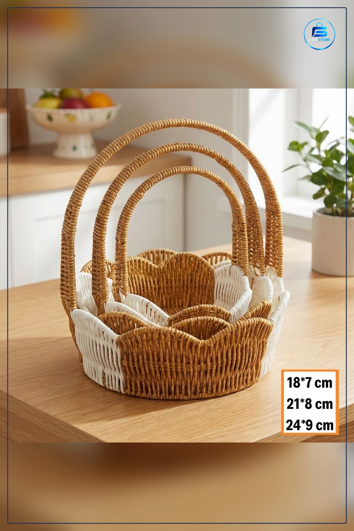 Plastik Rattan Sepet Seti Kullanışlı Saplı Hasır Görünümlü Çok Amaçlı Organizer Dalgalı Kenarlı