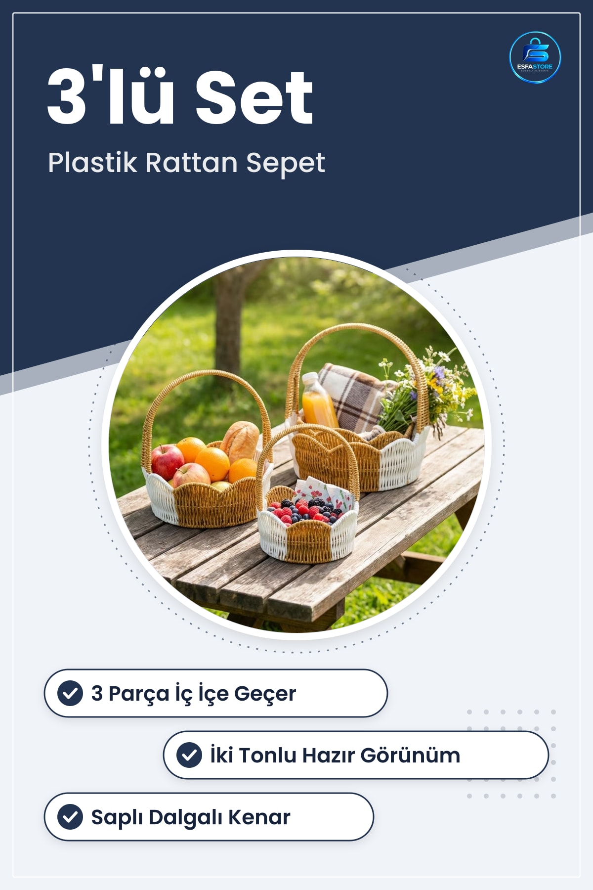 Plastik Rattan Sepet Seti Kullanışlı Saplı Hasır Görünümlü Çok Amaçlı Organizer Dalgalı Kenarlı