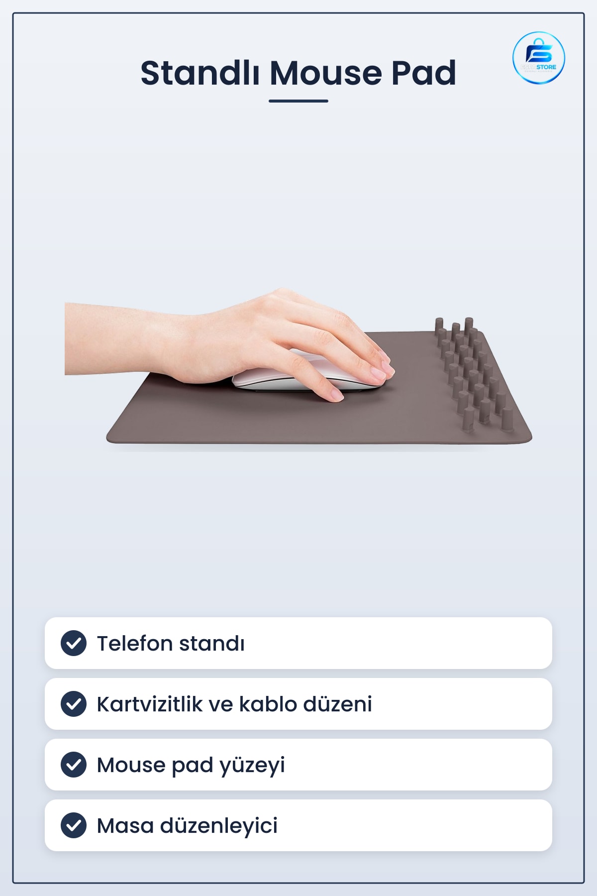 Standlı Mouse Pad Cep Telefonu Tutucu 273x206x23 mm Kartvizitlik Kablo Toparlayıcı Masa Düzenleyici