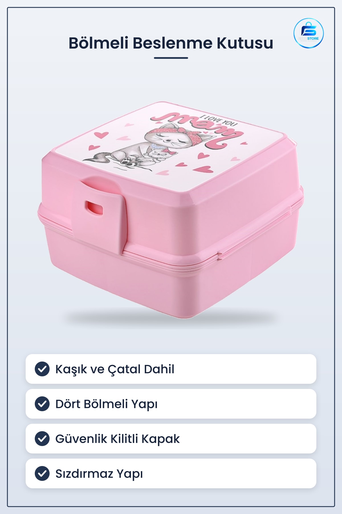 Kendiliğinden Kaşık Çatallı Kedi Desenli Beslenme Kutusu Bölmeli Çocuk Saklama Kabı Pratik