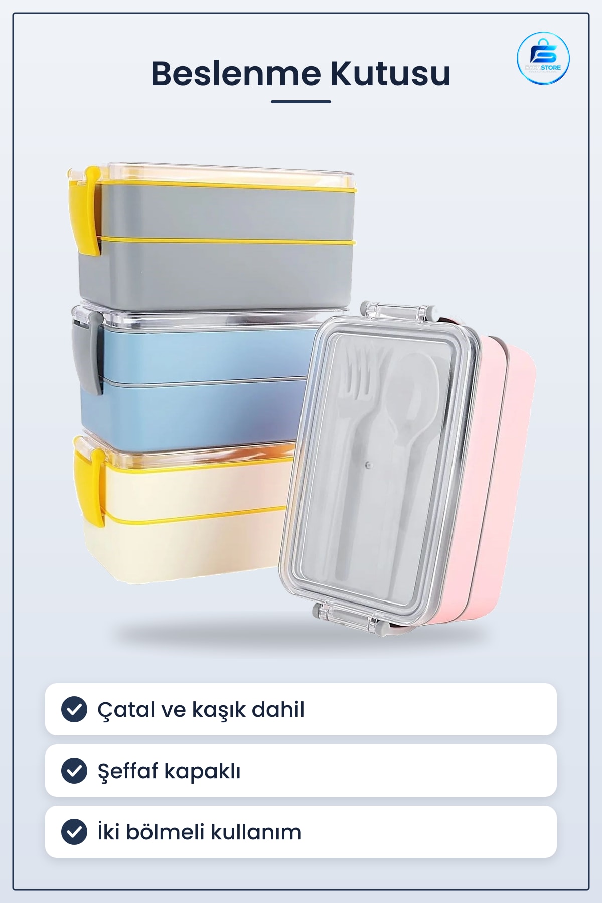 Yiyecek Kutusu Çok Amaçlı İki Bölmeli Çatal Kaşıklı Dayanıklı Beslenme Kabı Okul Ofis Piknik