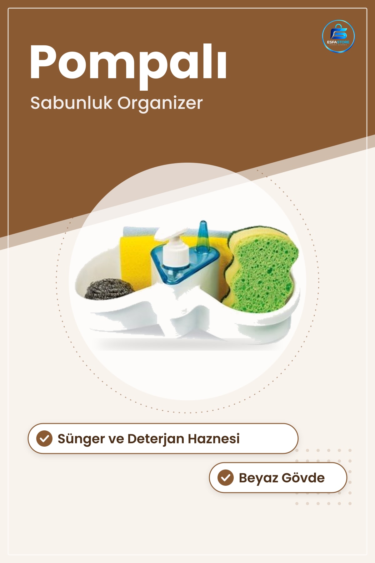 Sünger ve Deterjan Hazneli Lavabo Düzenleyici Sabunluk Organizer Mutfak Banyo Tezgah Üstü