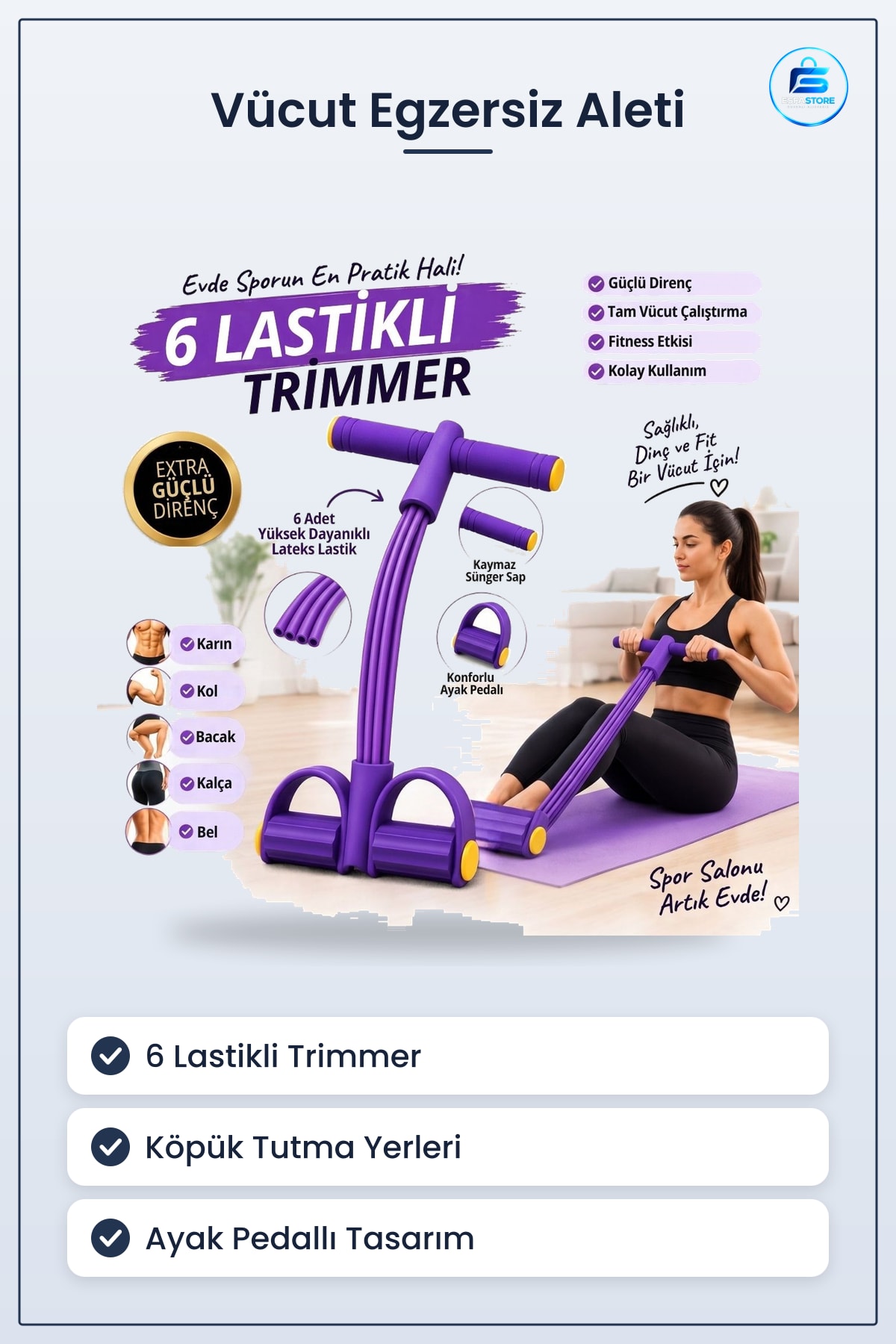 Jimnastik Aleti Body Trimmer Karın Kası Çalıştırıcı 6 Lastikli Elastik Yay 42 x 24 4 cm