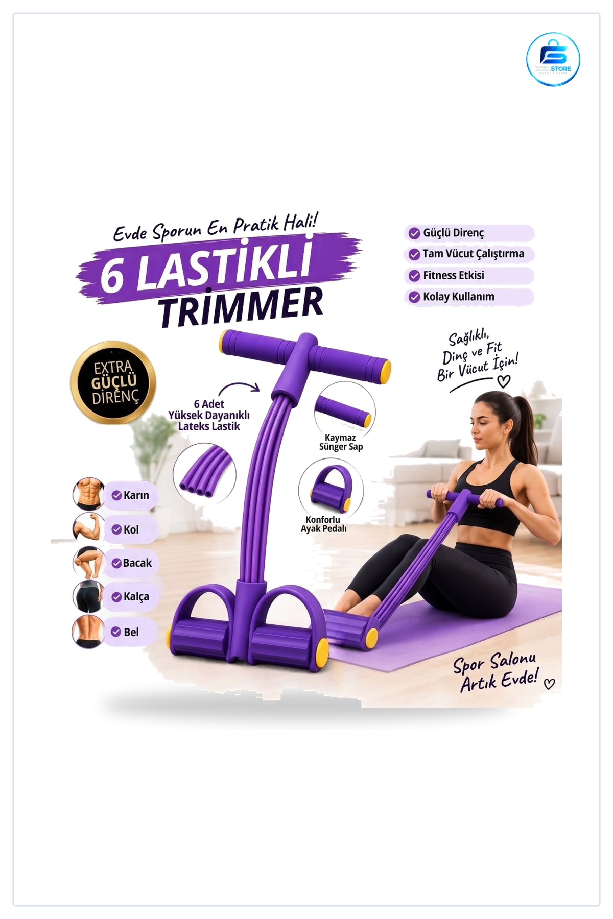 Jimnastik Aleti Body Trimmer Karın Kası Çalıştırıcı 6 Lastikli Elastik Yay 42 x 24 4 cm