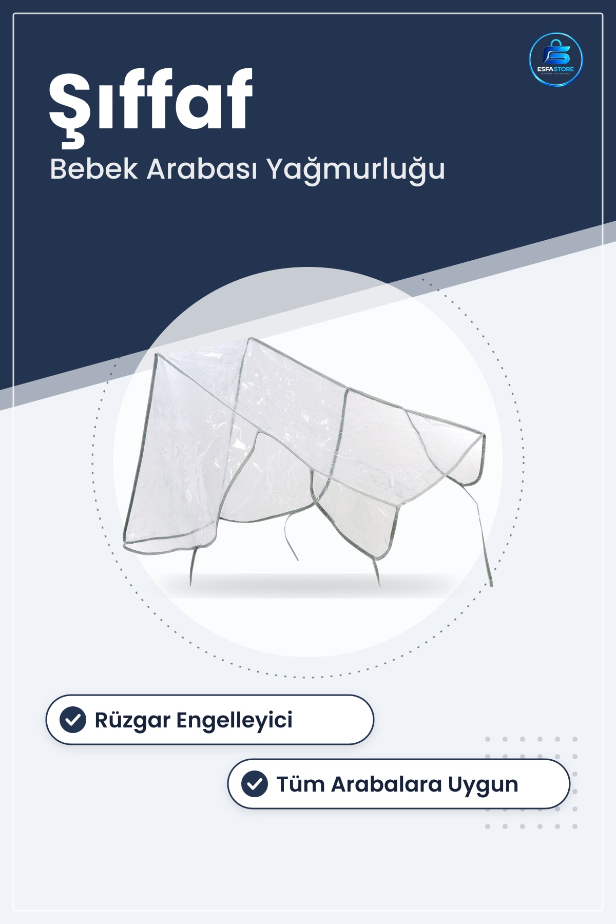 Bebek Arabası Yağmurluğu Şeffaf Puset Rüzgar Engelleyici Muşamba Beyaz Kenarlı 1 Adet Tente