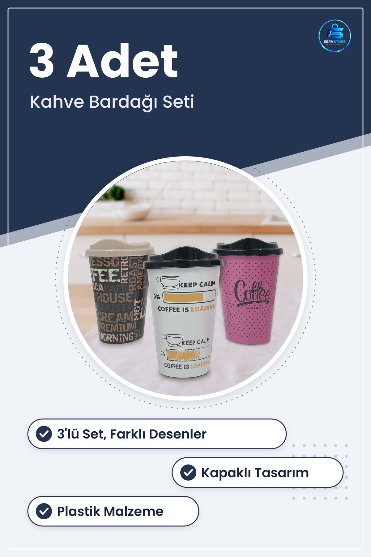 Kahve Bardağı Seti 3 Adet Plastik Kapaklı Dekoratif Motifli Muhafaza Kabı Sıcak Tutan