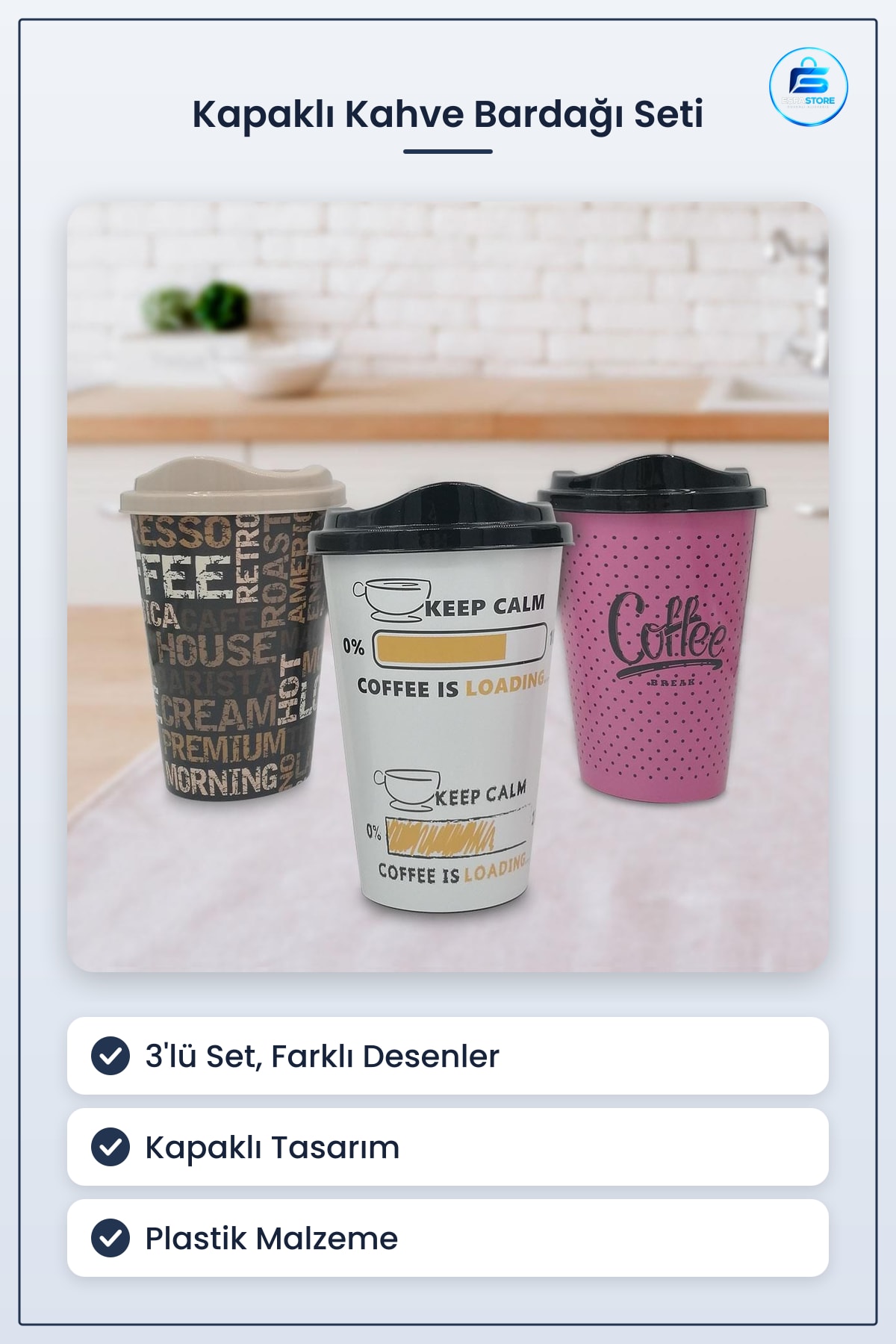 Kahve Bardağı Seti 3 Adet Plastik Kapaklı Dekoratif Motifli Muhafaza Kabı Sıcak Tutan