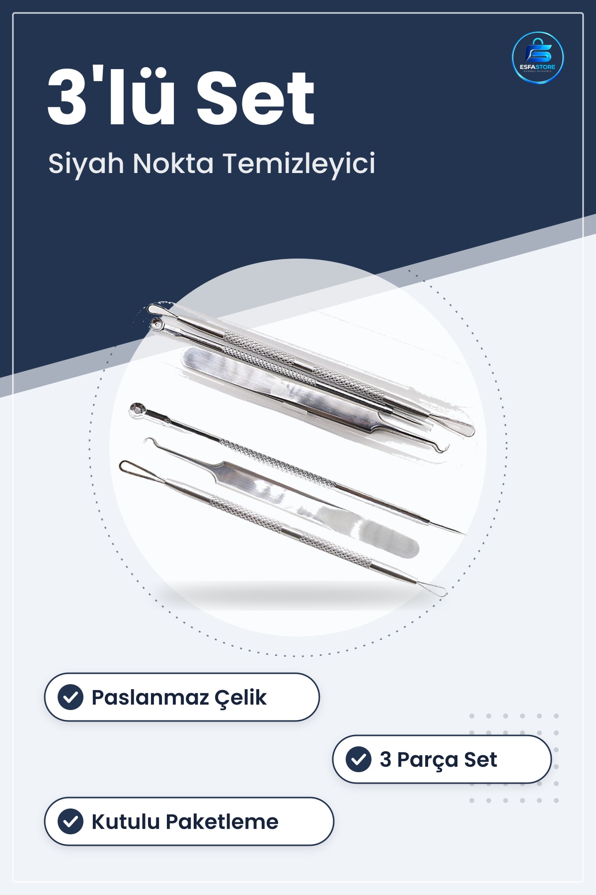 Siyah Nokta ve Akne Temizleyici Set Paslanmaz Çelik 3lü Kit Kutulu Pratik Bakım Aleti