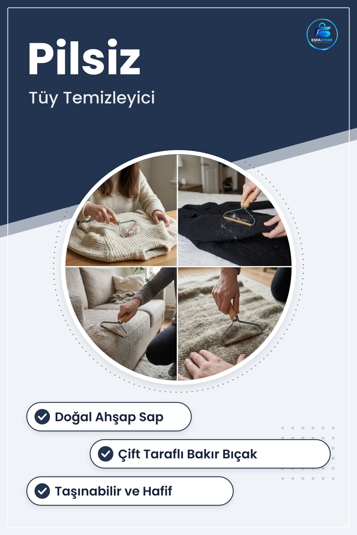 Tüy Alma Aparatı Tiftik Temizleme Taşınabilir Kazak ve Dokuma Kumaş Ahşap Sap Bakır Manuel