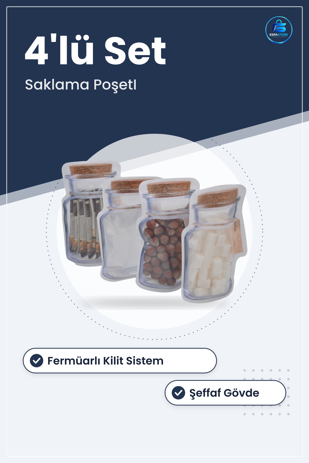 Kavanoz Görünümlü Fermuarlı Kilitli Saklama Poşeti Seti Pratik Gıda Torbası Mutfak Düzeni