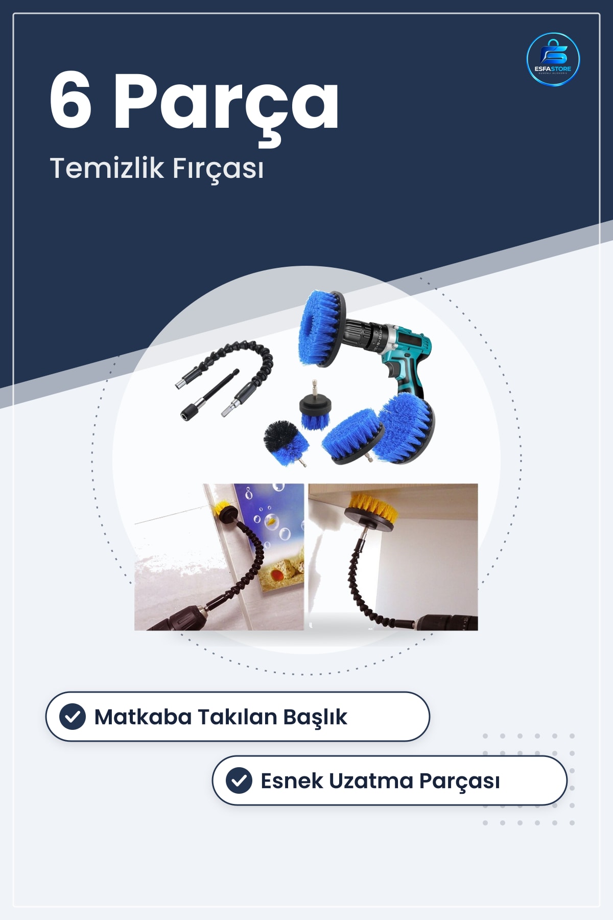 Matkap Ucuna Takılan Değiştirilebilir Esnek Temizleme Fırçası Seti Banyo Halı Koltuk Temizliği