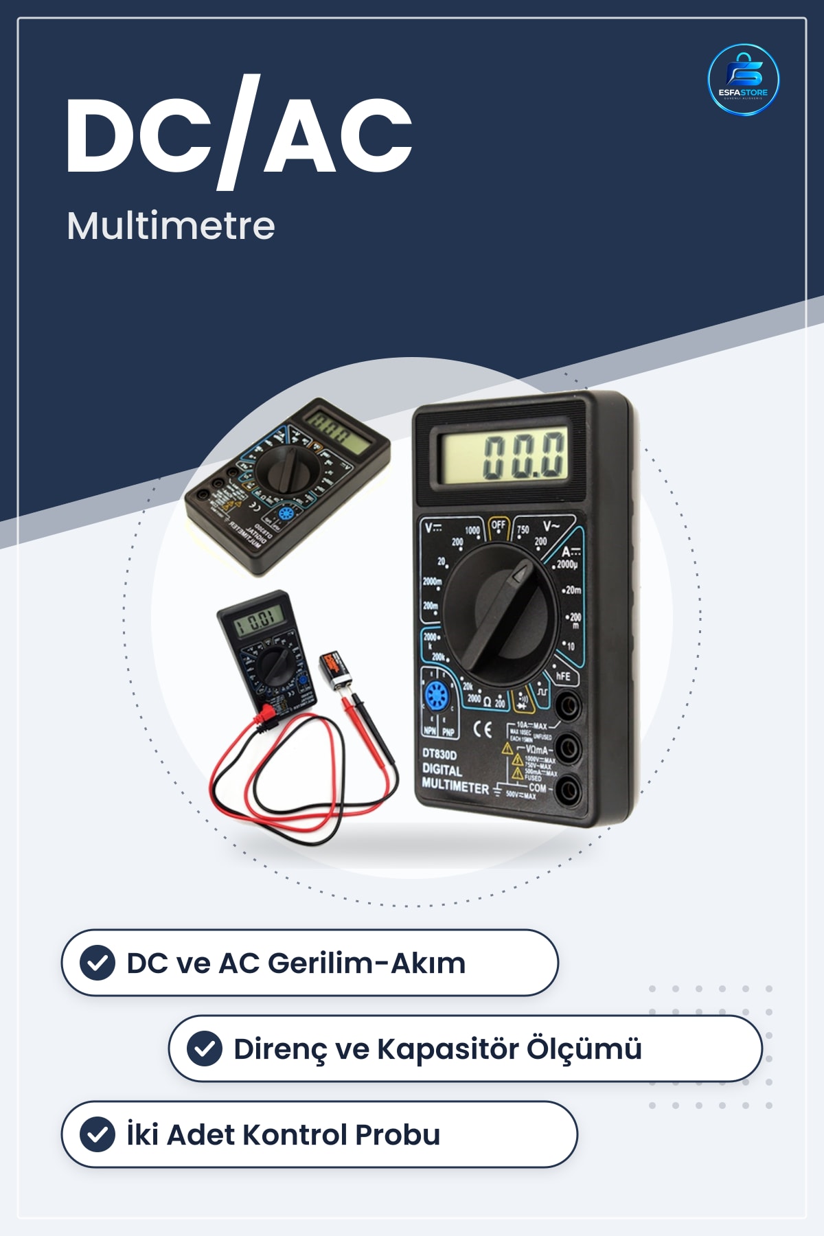 Dijital Avometre Multimetre Ölçü Aleti Akım Voltaj Direnç Ölçer Kapasitör Diyot Kontrol Probu